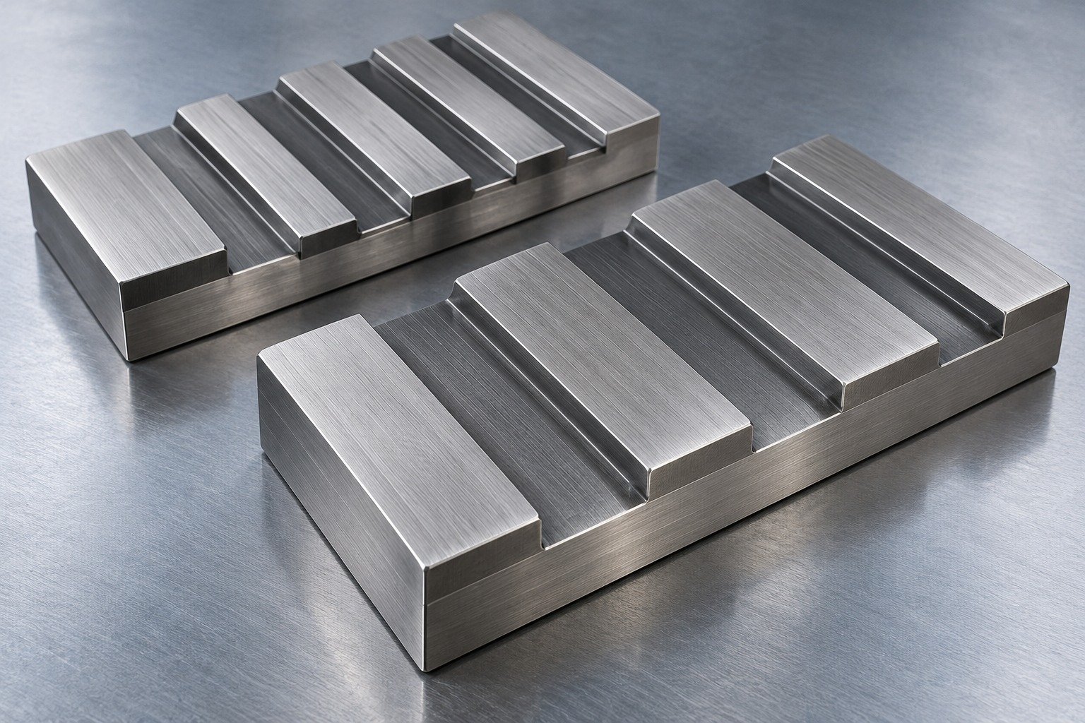 Two different rectangular wear plates with alternating thick ribs and thin relieved zones, broad ground contact faces, convincing strong transitions, no bent or cracked parts. — illustrative component concept