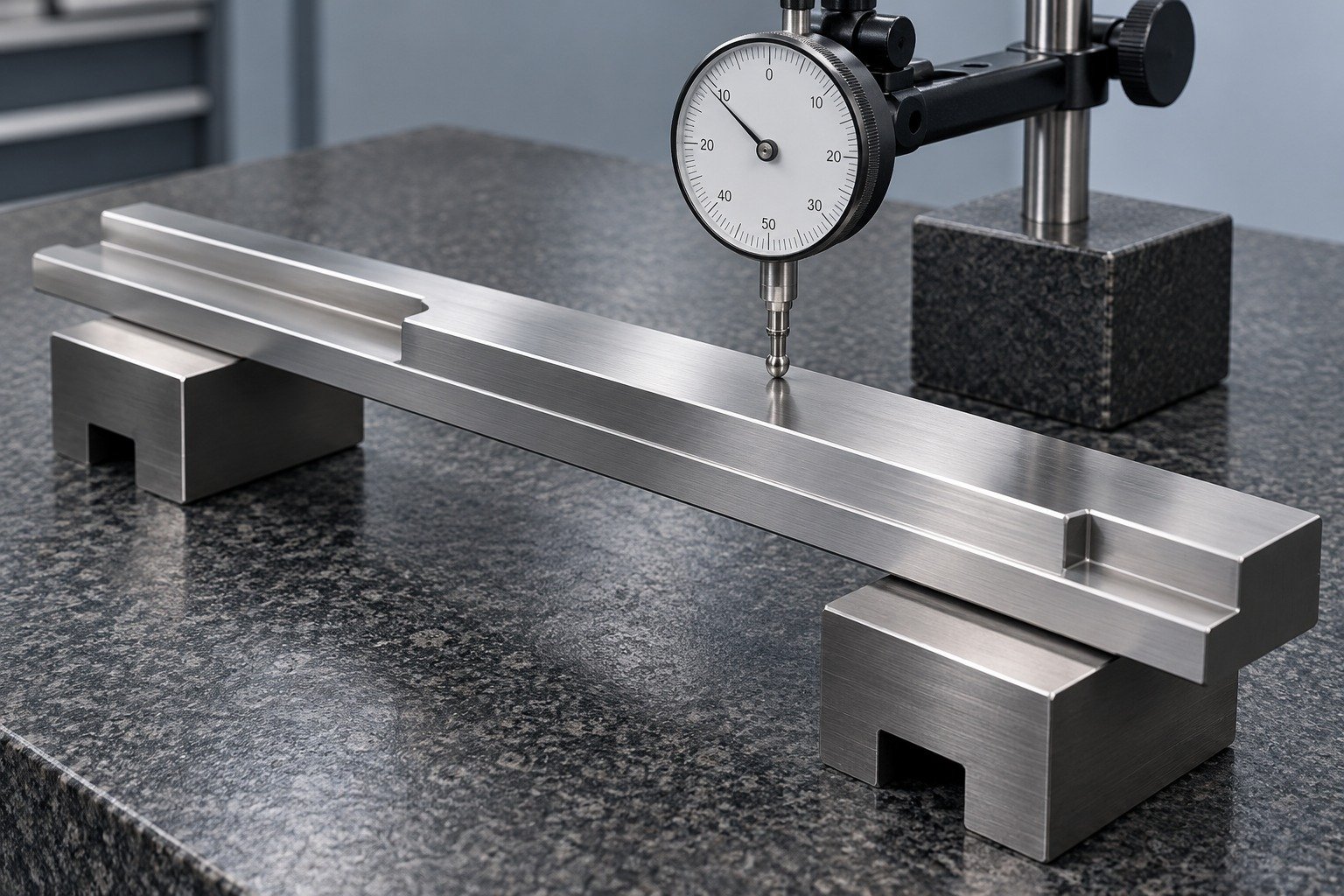 Dial indicator contacting a long precision-ground stepped wear rail supported on two parallels on granite, credible flatness inspection scene. — illustrative component concept
