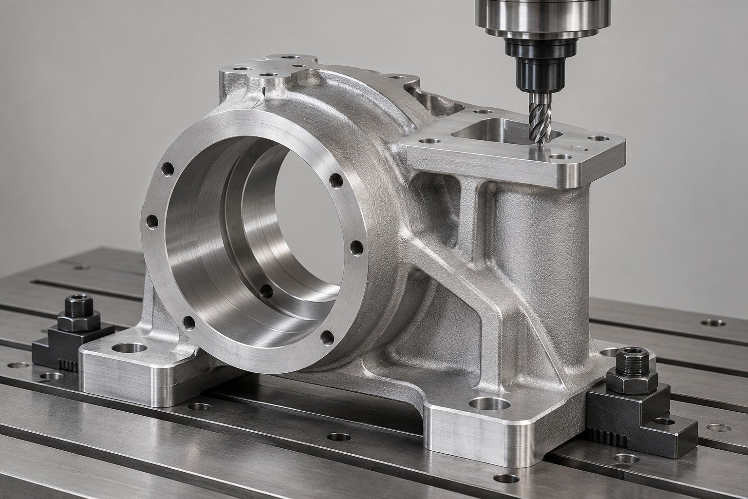 Cast bearing pedestal in a milling fixture — illustrative A356 component concept