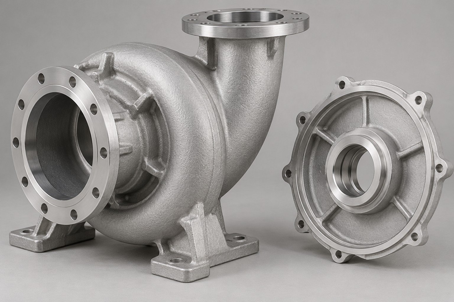 Cast centrifugal pump volute with machined interfaces and matching cover — illustrative A356 component concept