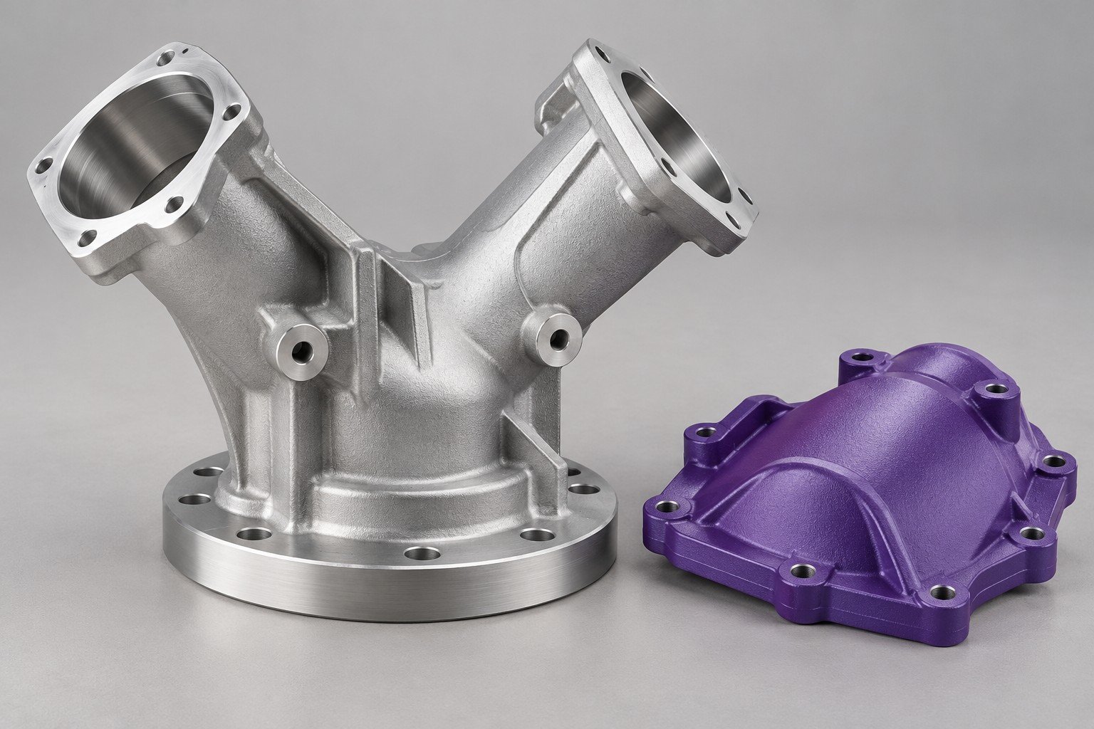 Illustrative A356 cast Y-junction pump manifold with violet cover concept