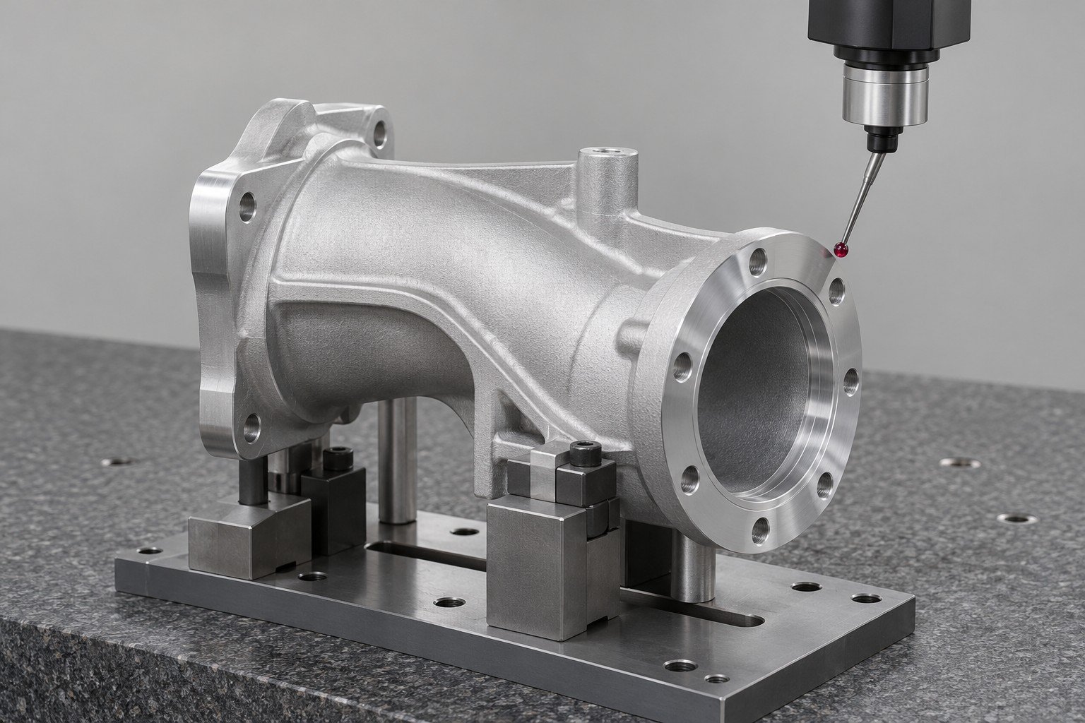 CMM stylus measuring the flange of a cast aluminum elbow — illustrative A356 component concept
