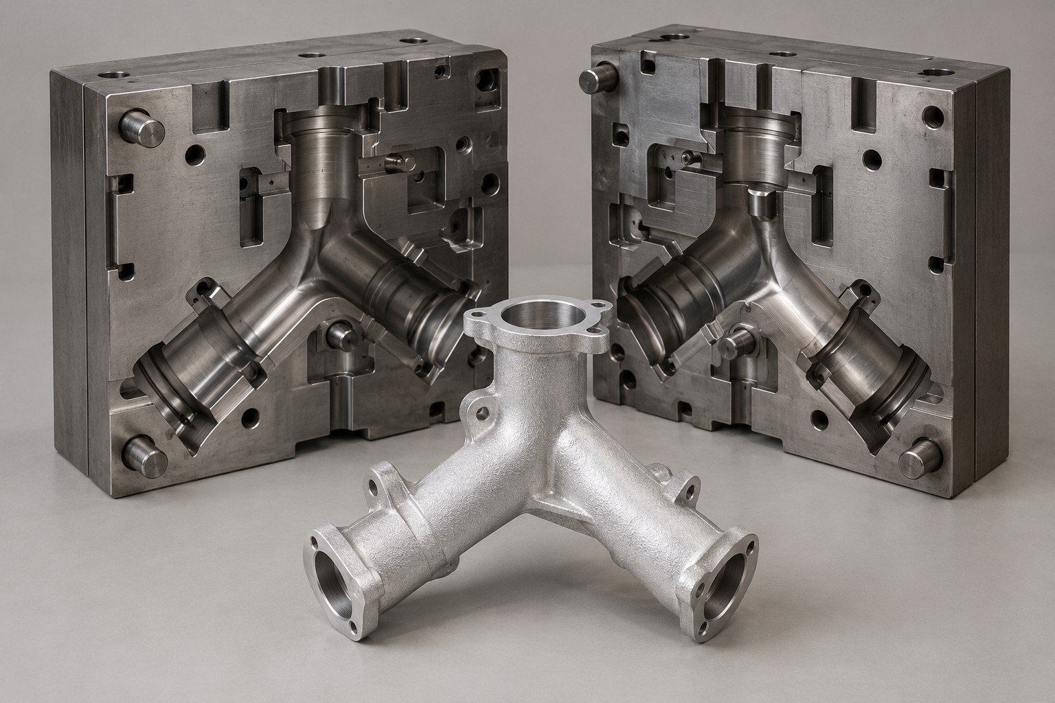 Split permanent-mold inserts and matching Y-shaped manifold casting — illustrative A356 component concept