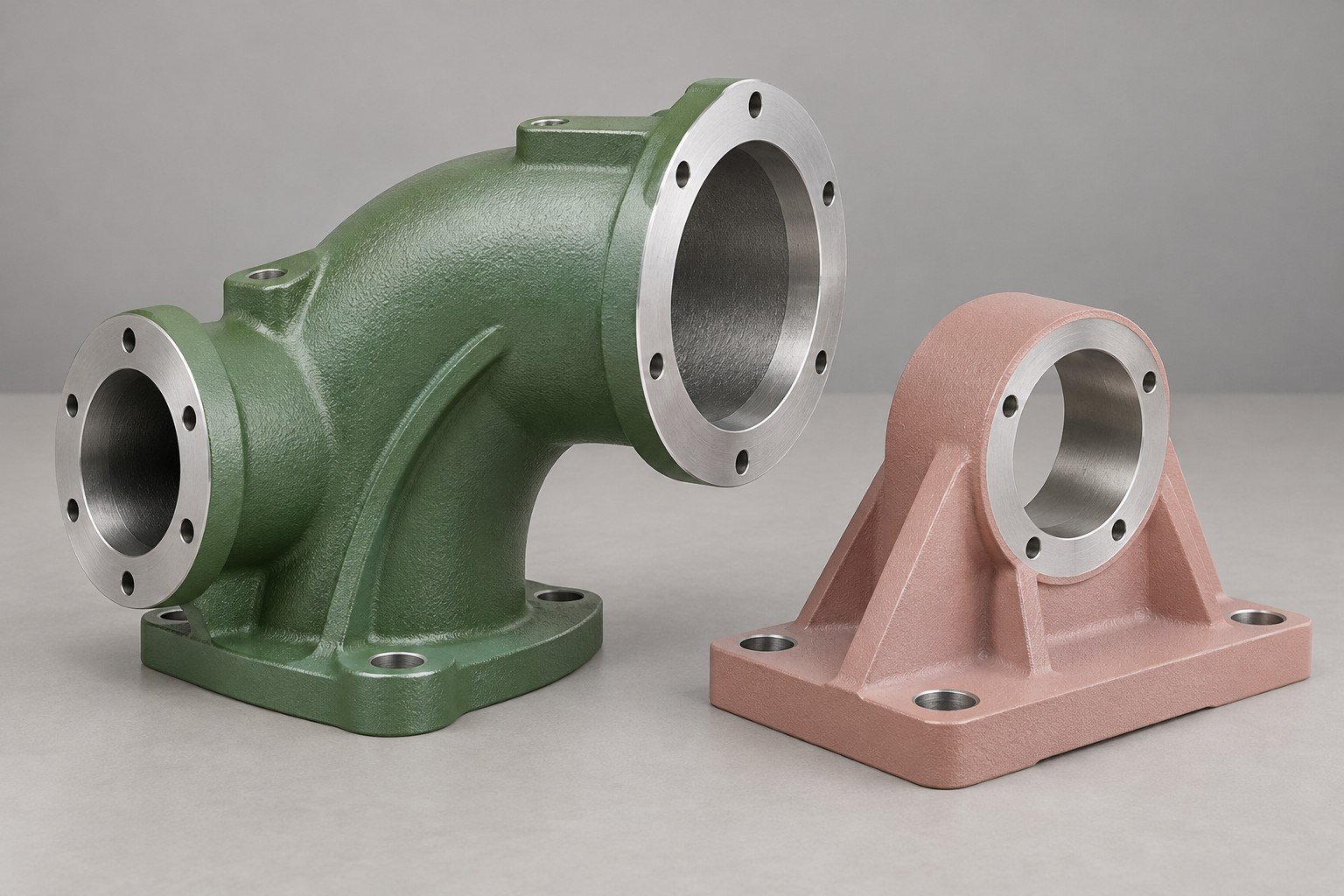 Green cast pump elbow and pink coated cast pedestal with bare machined faces — illustrative A356 component concept