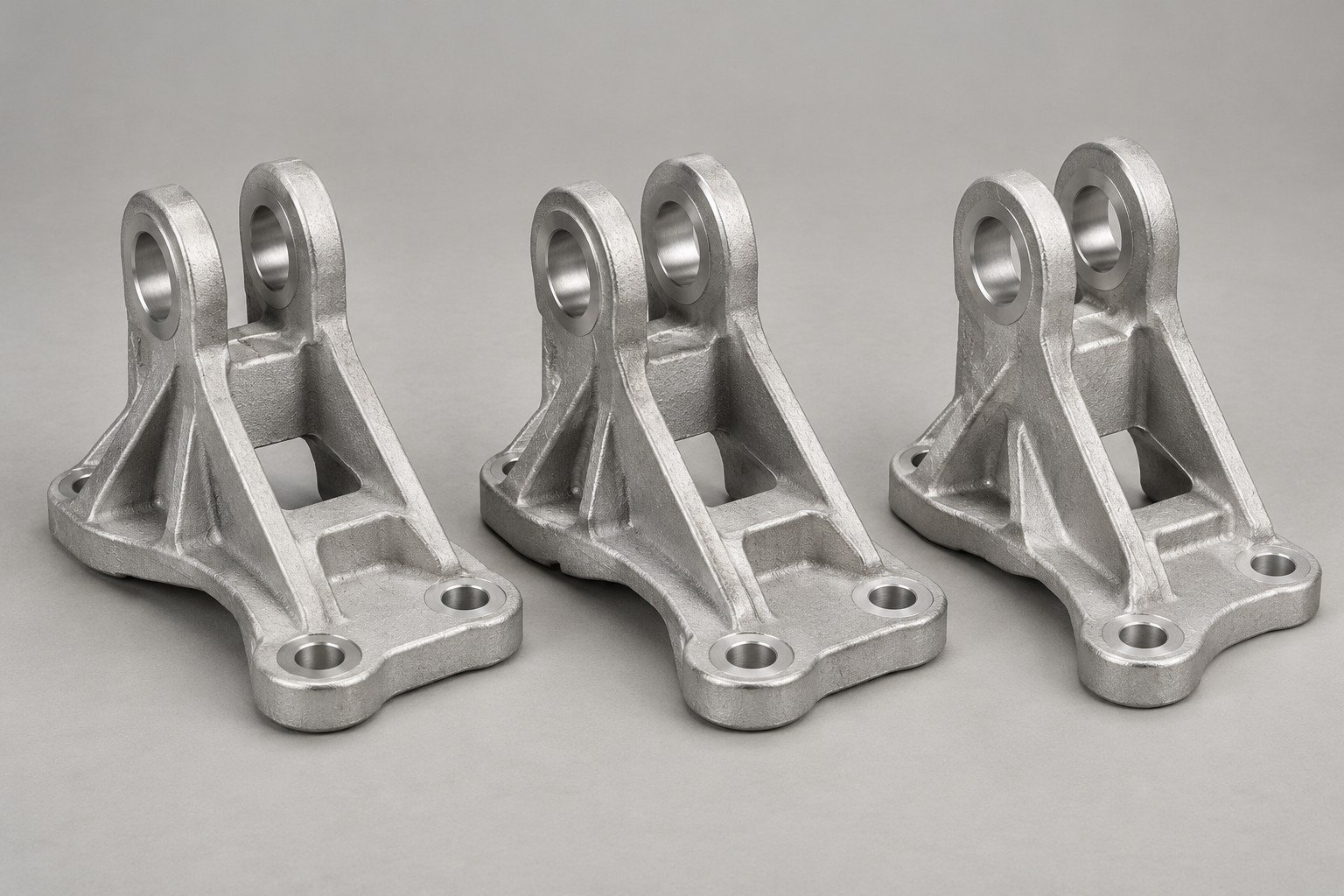 Silver cast clevis bracket geometry for heat-treatment and machining planning — illustrative A356 component concept