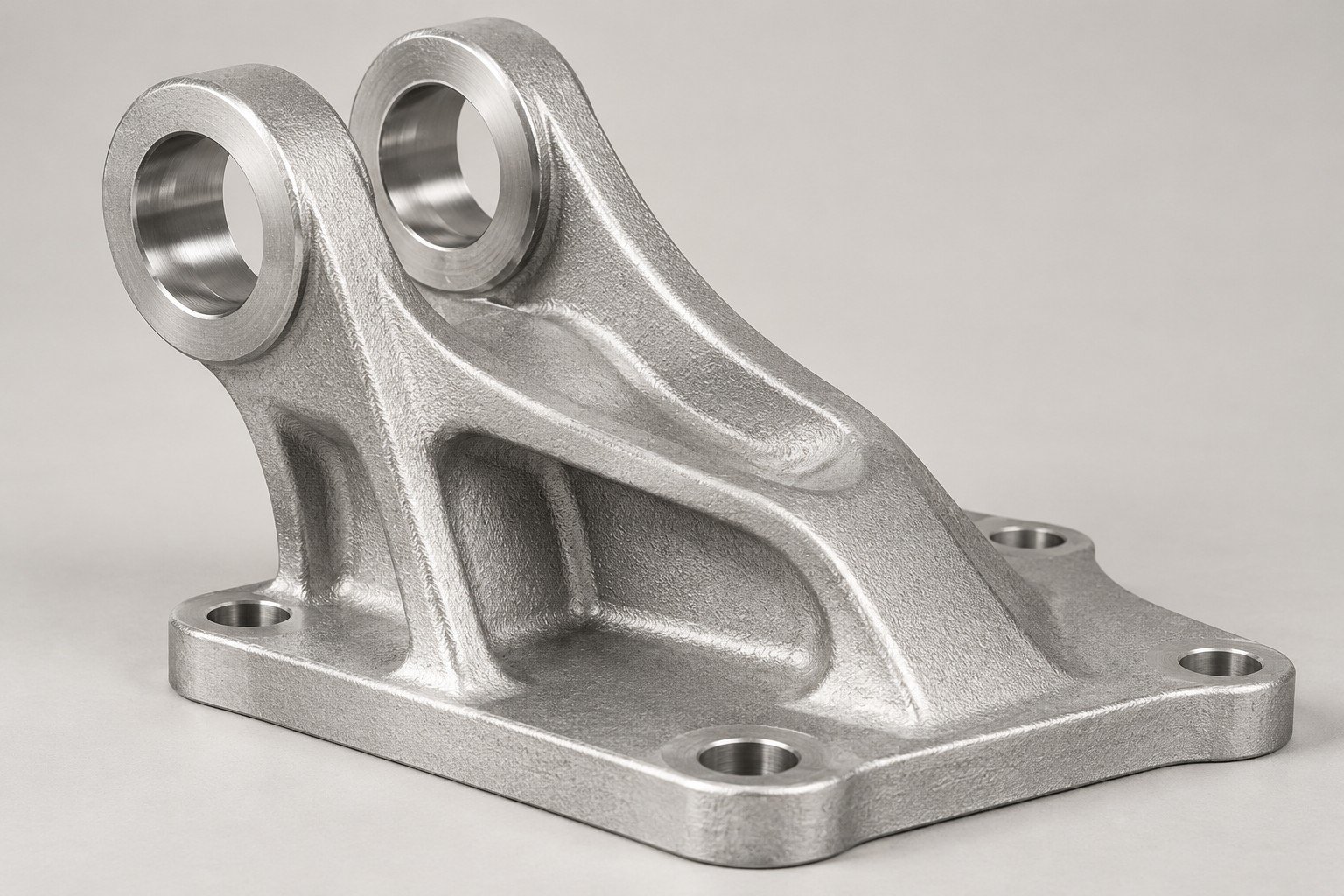 Cast forked mounting bracket with machined pin bores and broad flange — illustrative other aluminum casting alloys component concept