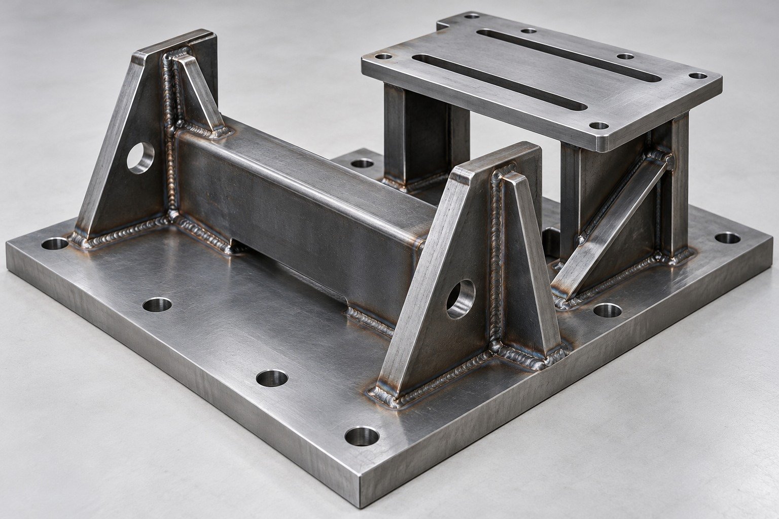 A36 machined base plate, gusseted bracket, support frame and mounting plate — illustrative component concept