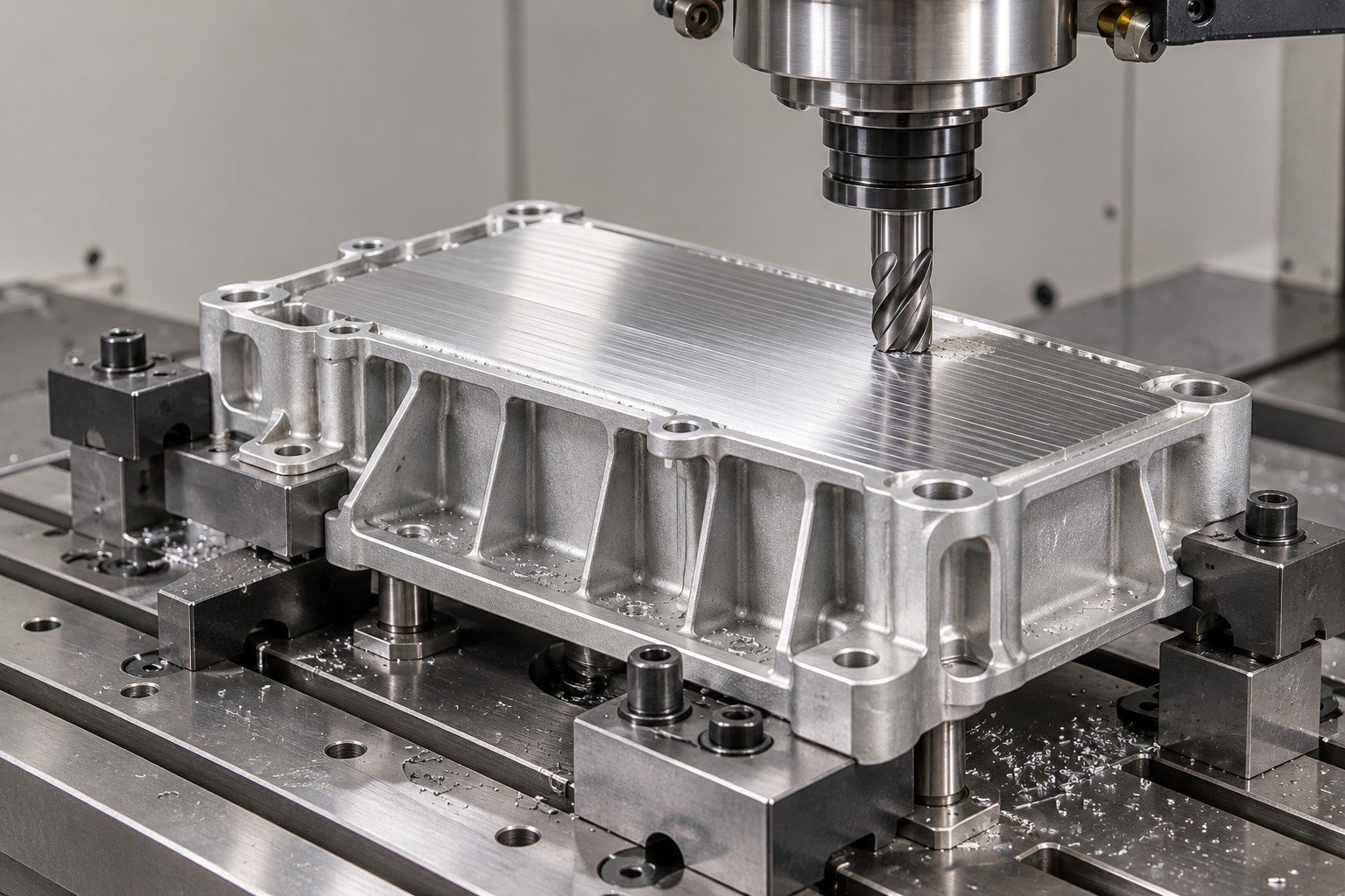 Ribbed cast mounting body clamped for CNC milling of its flat interface — illustrative A360 component concept