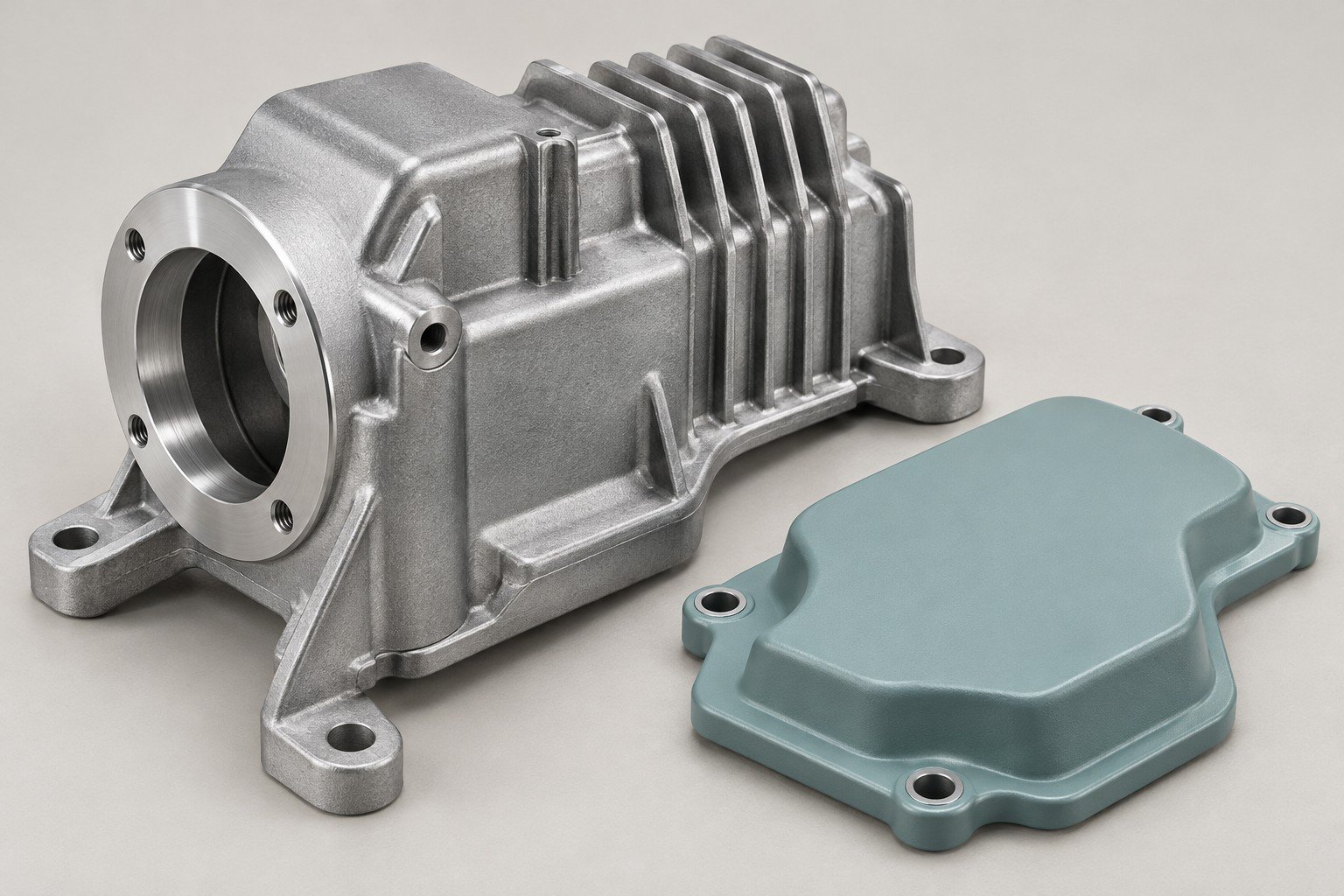 Ribbed outdoor control housing with machined circular interface and separate teal cover — illustrative A360 component concept