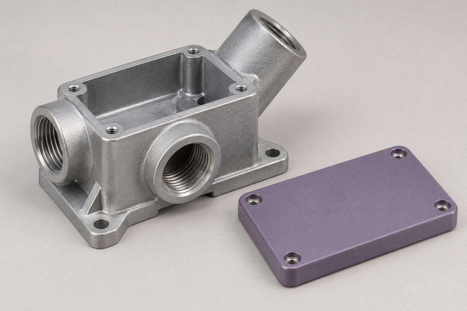 Illustrative A360 die-cast three-port instrument junction with violet lid concept
