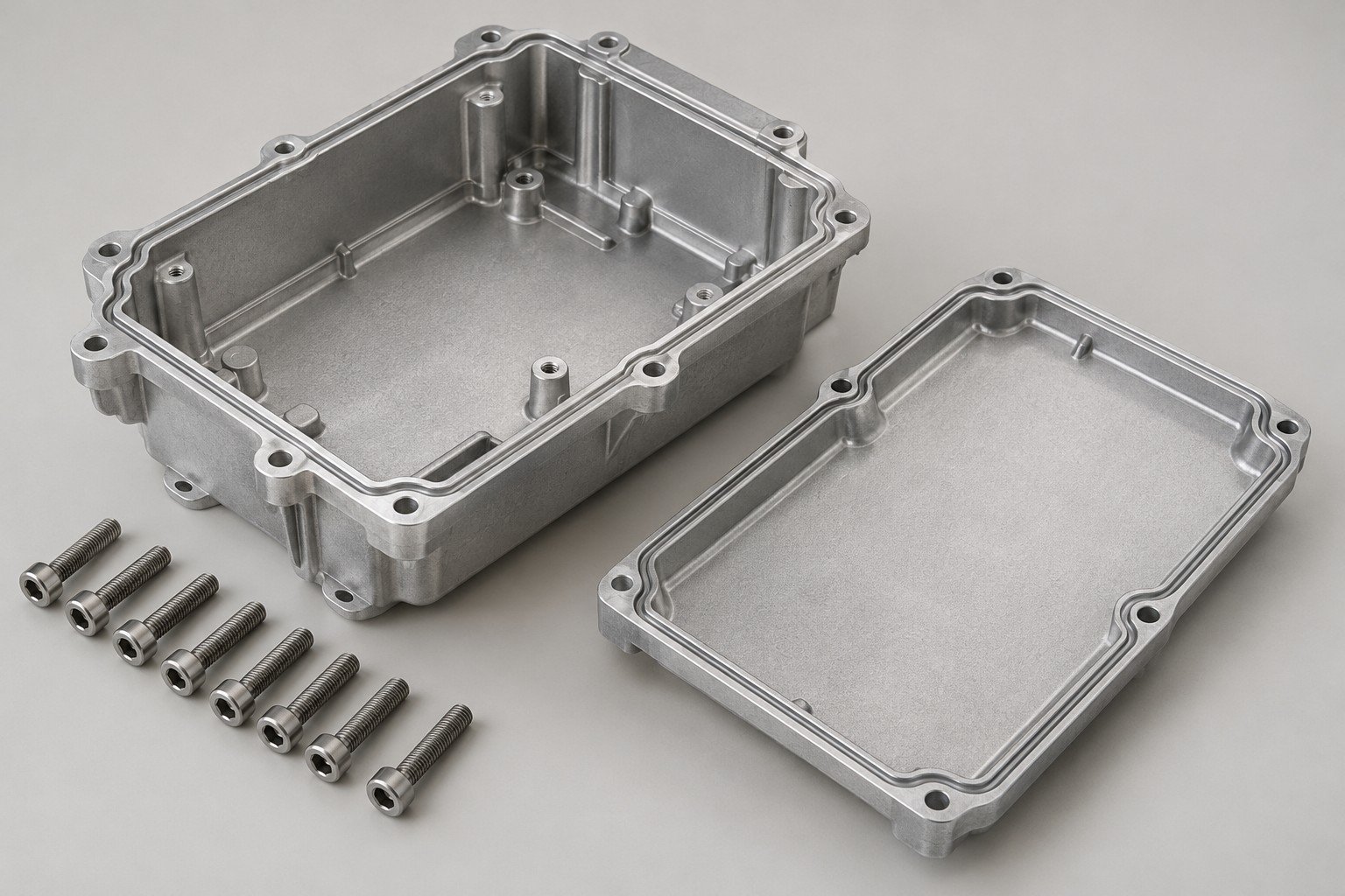 Equipment enclosure joint and gasket groove with fasteners arranged for assembly review — illustrative A360 component concept