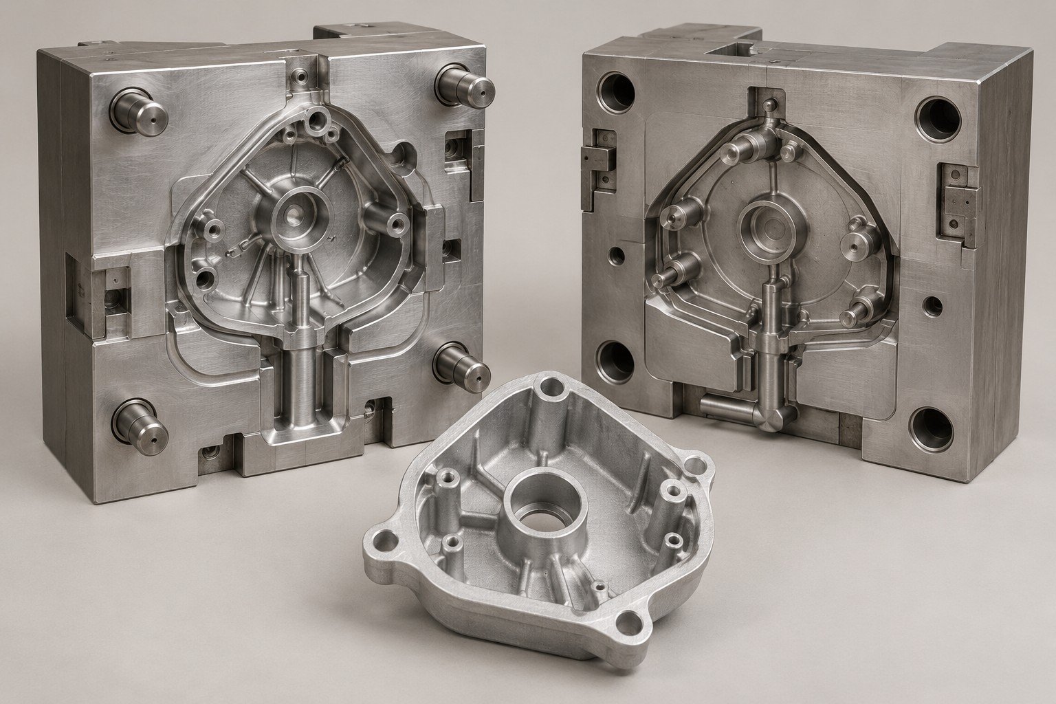 Rounded triangular housing die inserts with matching aluminum casting — illustrative A360 component concept