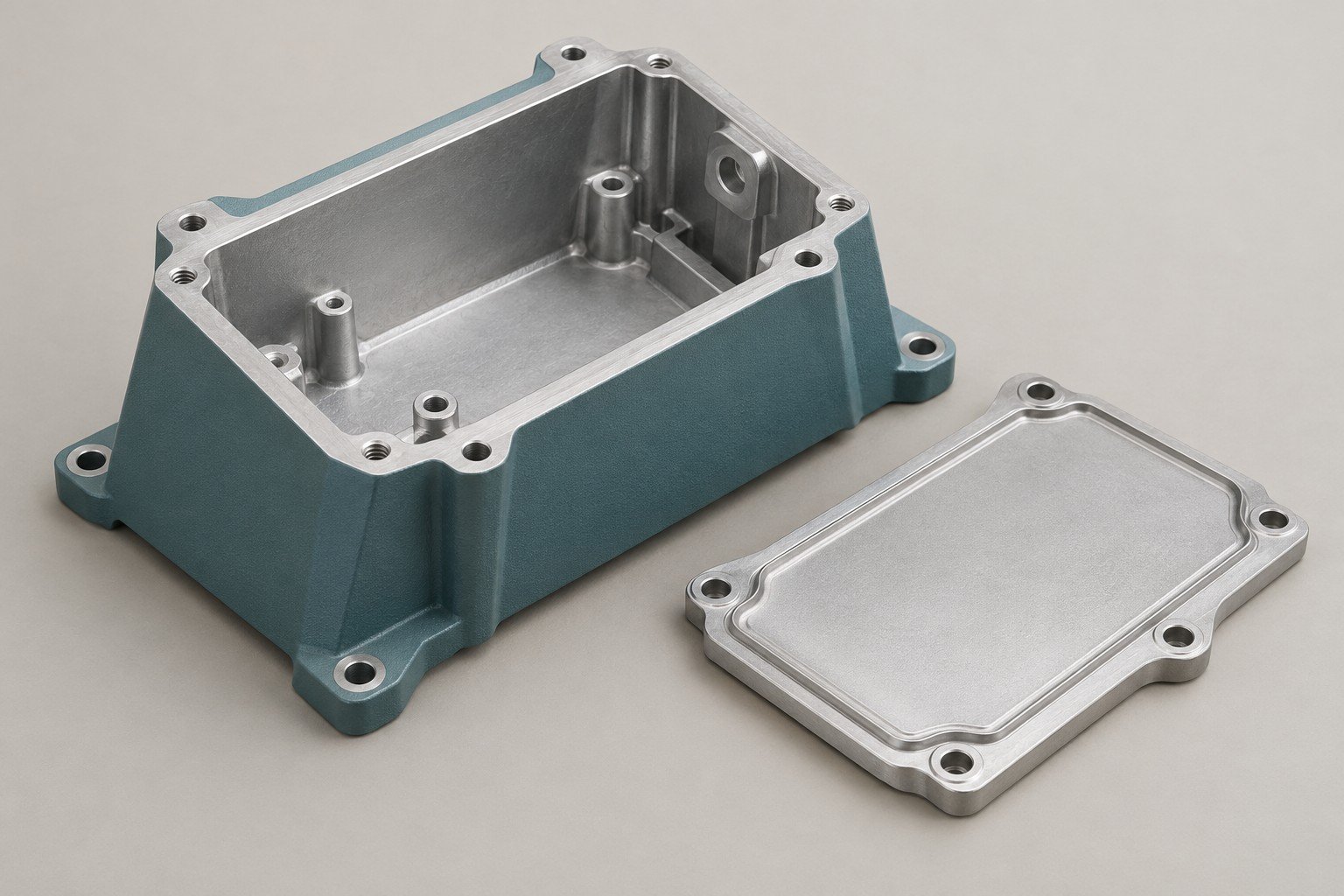 Muted teal coated instrument case with natural silver cover and bare machined flanges — illustrative A360 component concept