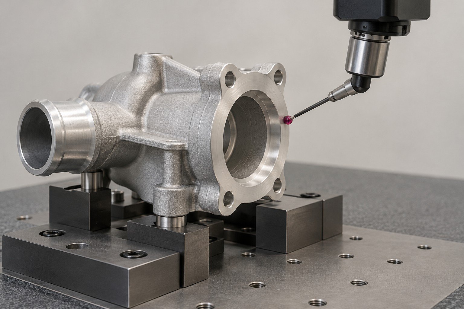 CMM probe checking the machined flange of a cast pump adapter — illustrative A360 component concept