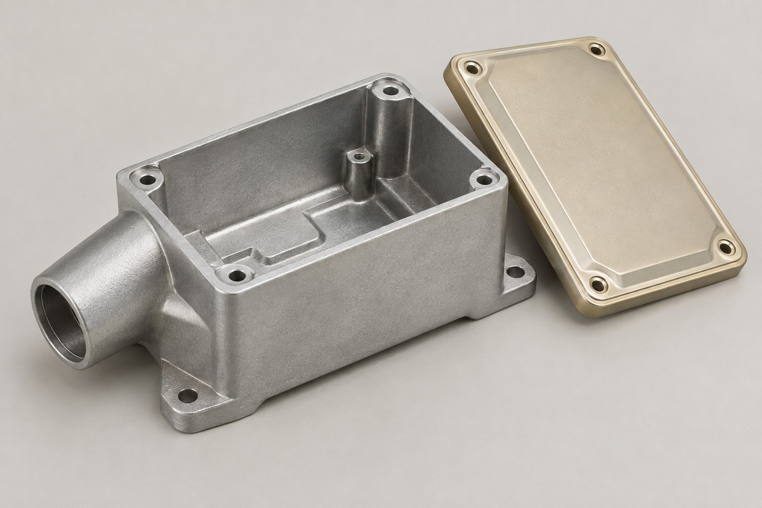 Illustrative A383 die-cast angled cable junction housing with pale-gold lid concept