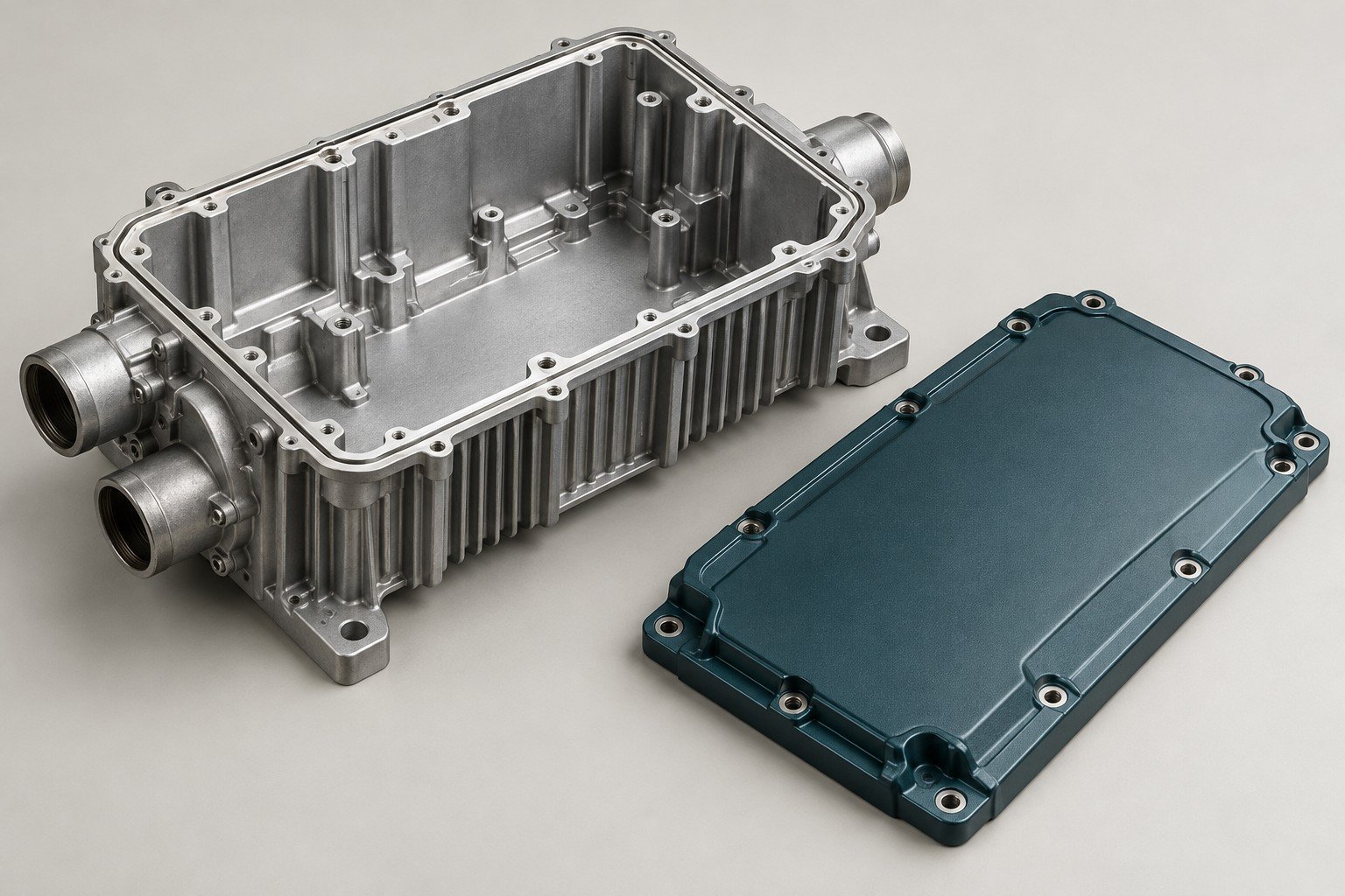 Ribbed die-cast electronics enclosure with machined gasket rim and separate teal lid — illustrative A383 component concept