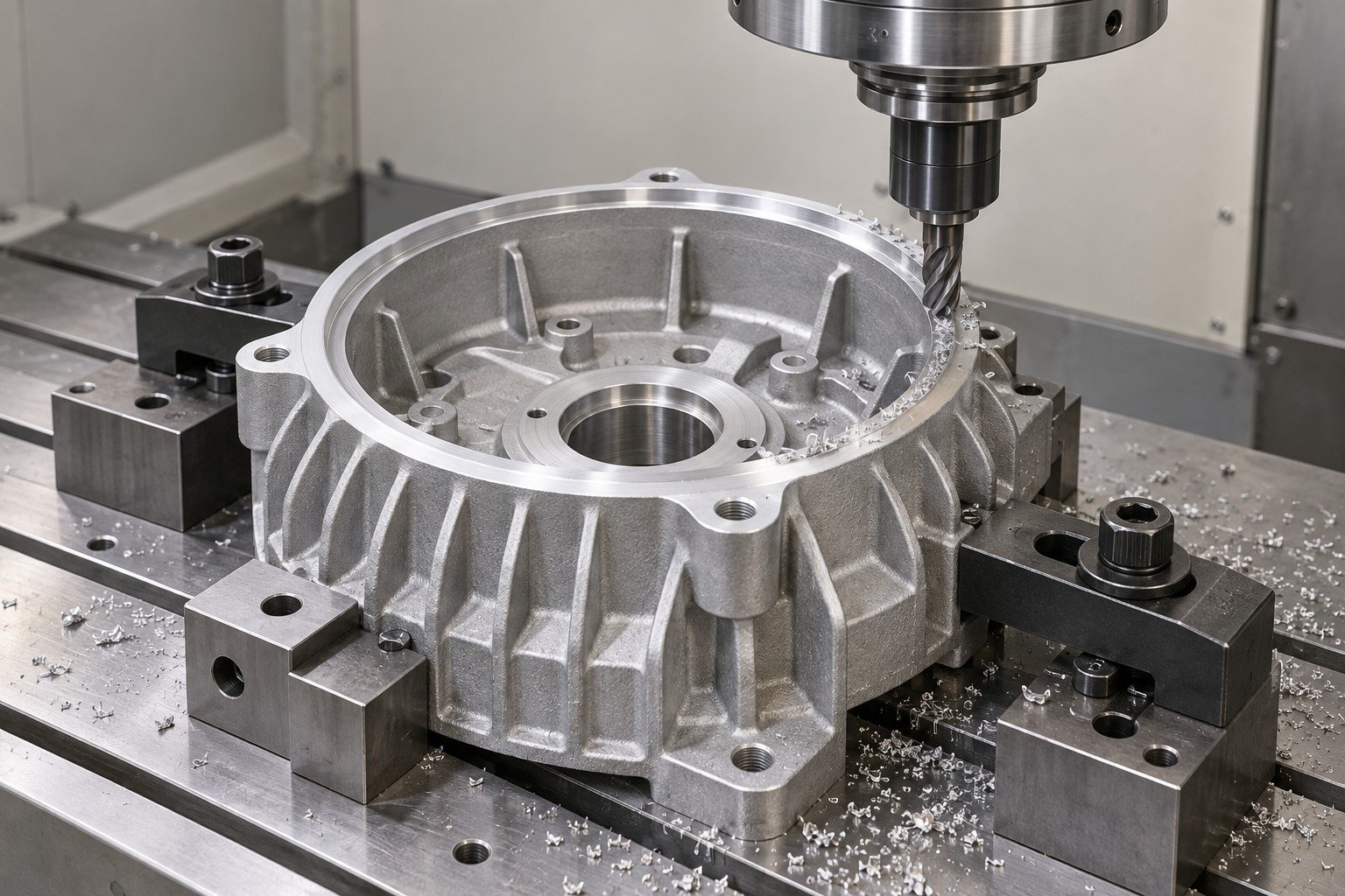 Motor end-shield casting in a milling fixture with machined sealing rim — illustrative A383 component concept