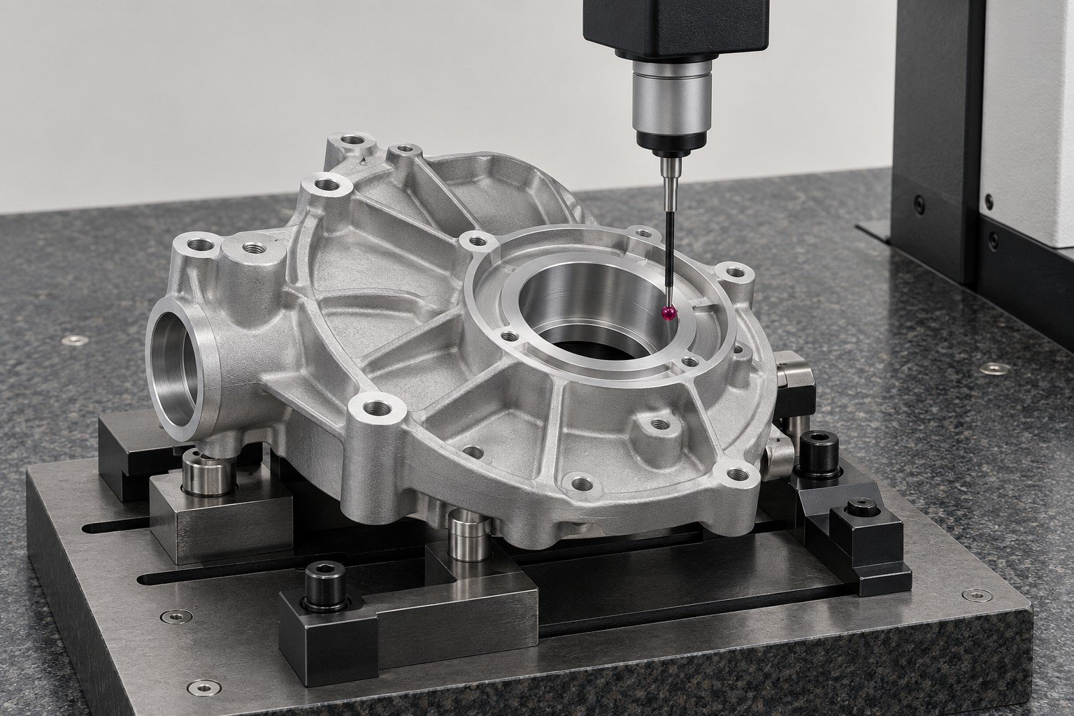 CMM probe inspecting a bore in a die-cast motor cover — illustrative A383 component concept