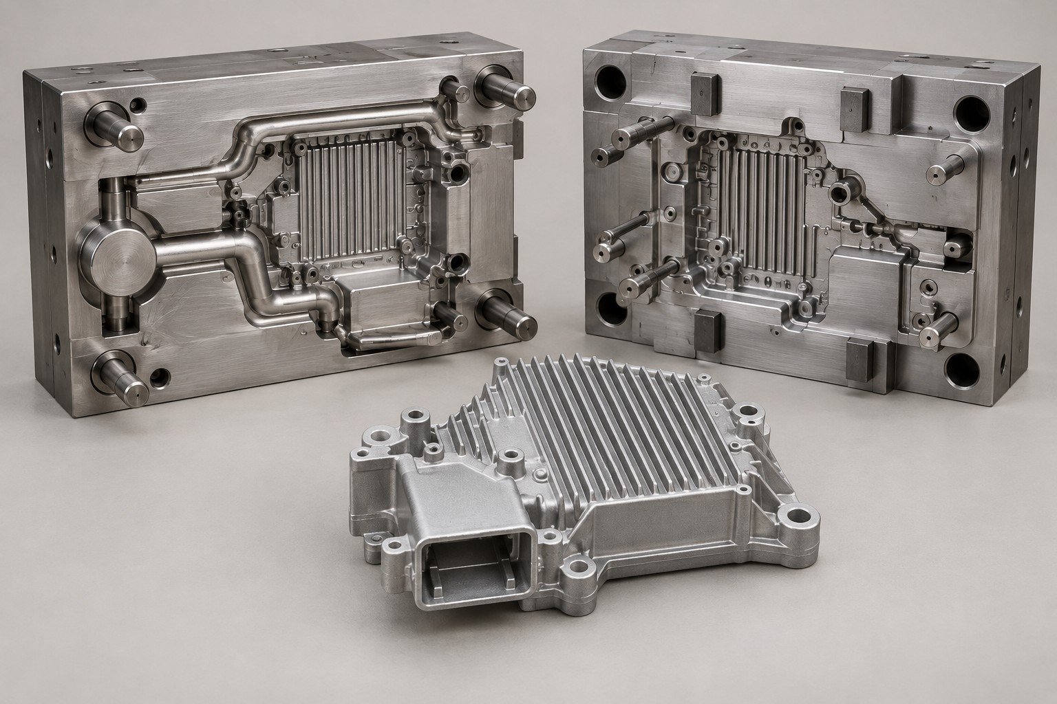 Die-casting cavity inserts with runners and matching ribbed sensor enclosure — illustrative A383 component concept