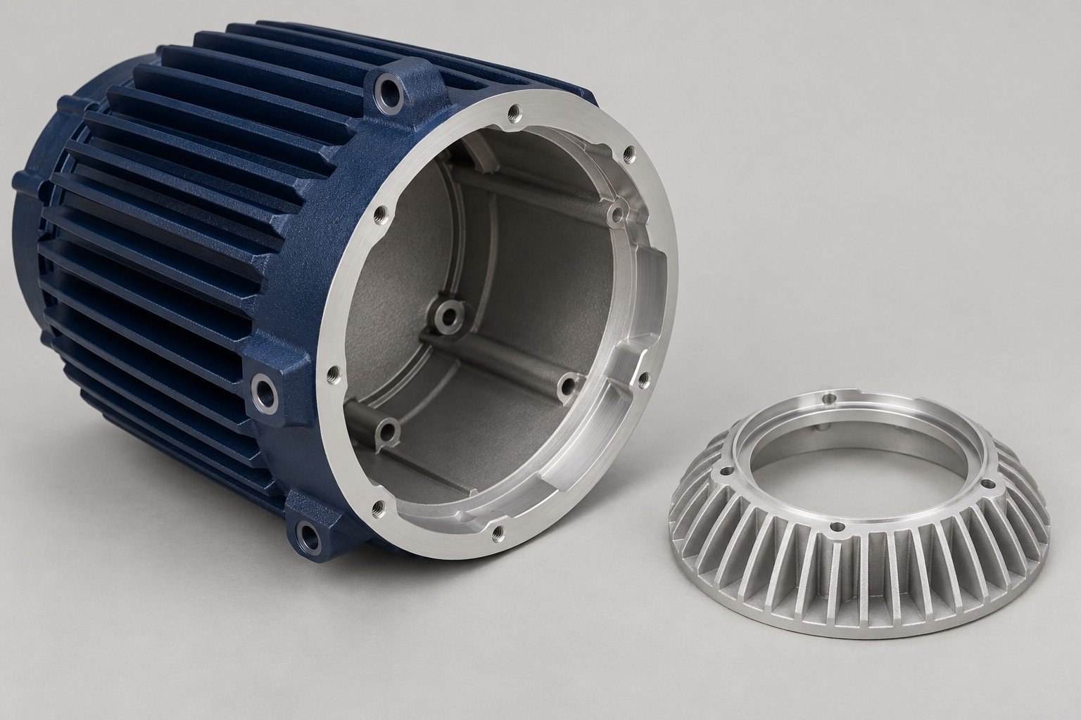 Navy powder-coated ribbed LED housing and silver cast bezel — illustrative A383 component concept