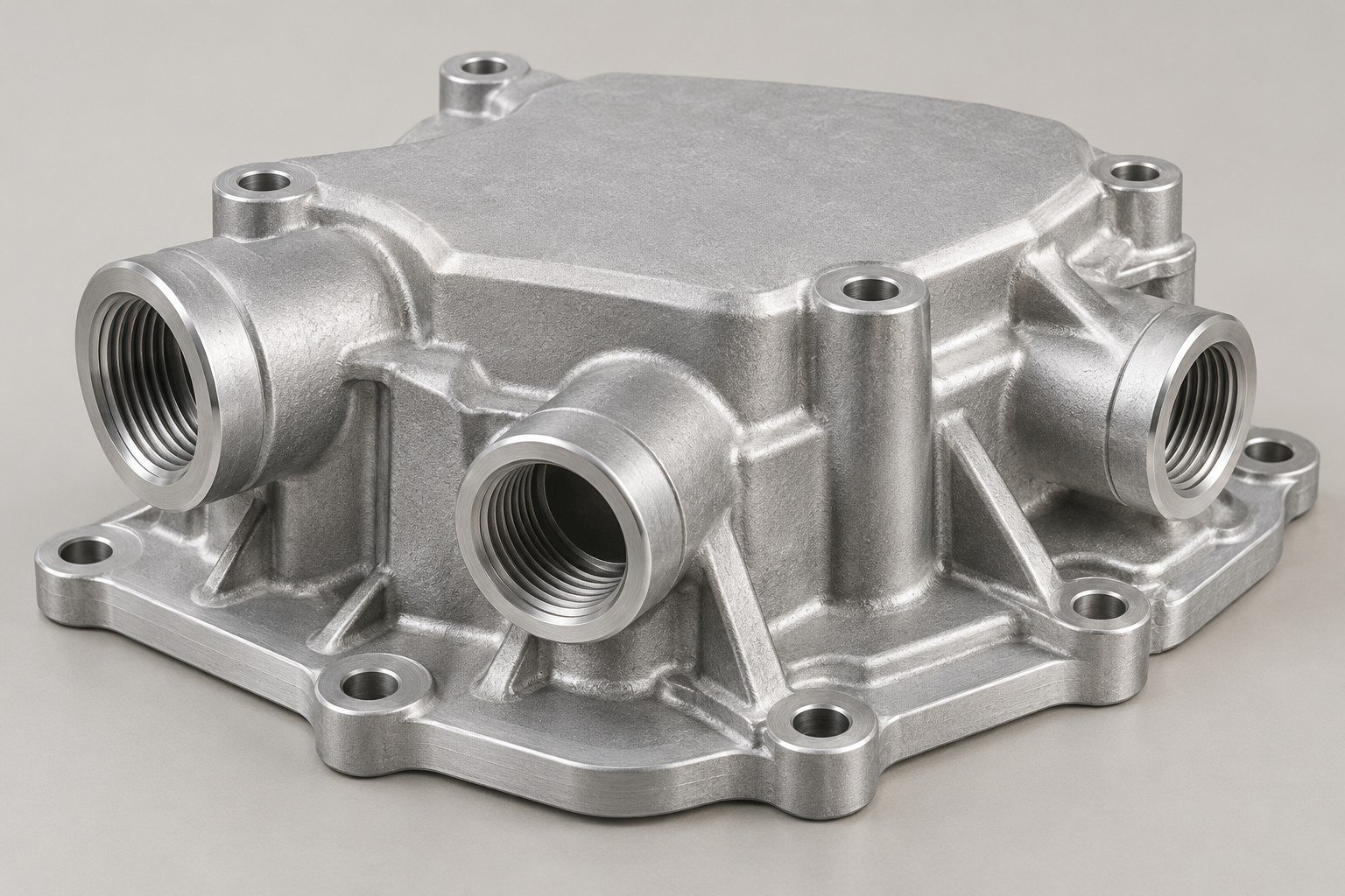Die-cast fluid manifold cover with side ports and sealing flange — illustrative other aluminum casting alloys component concept