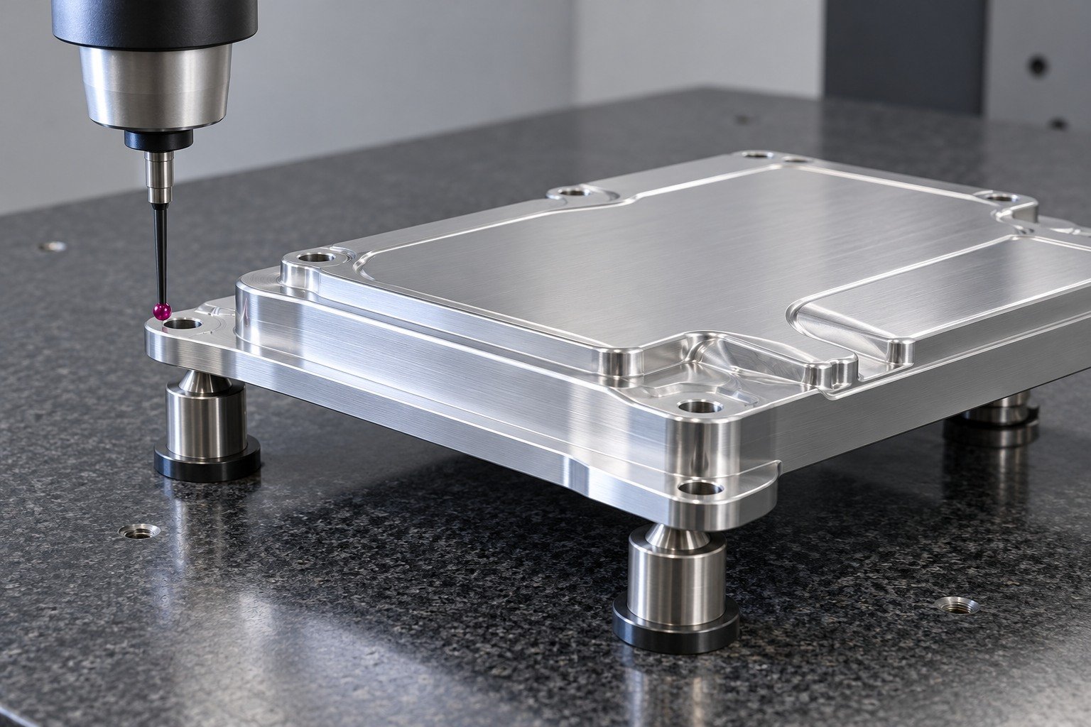 Illustrative CMM check on server cold plate mounting flange; component concept, not documentary company or customer photography