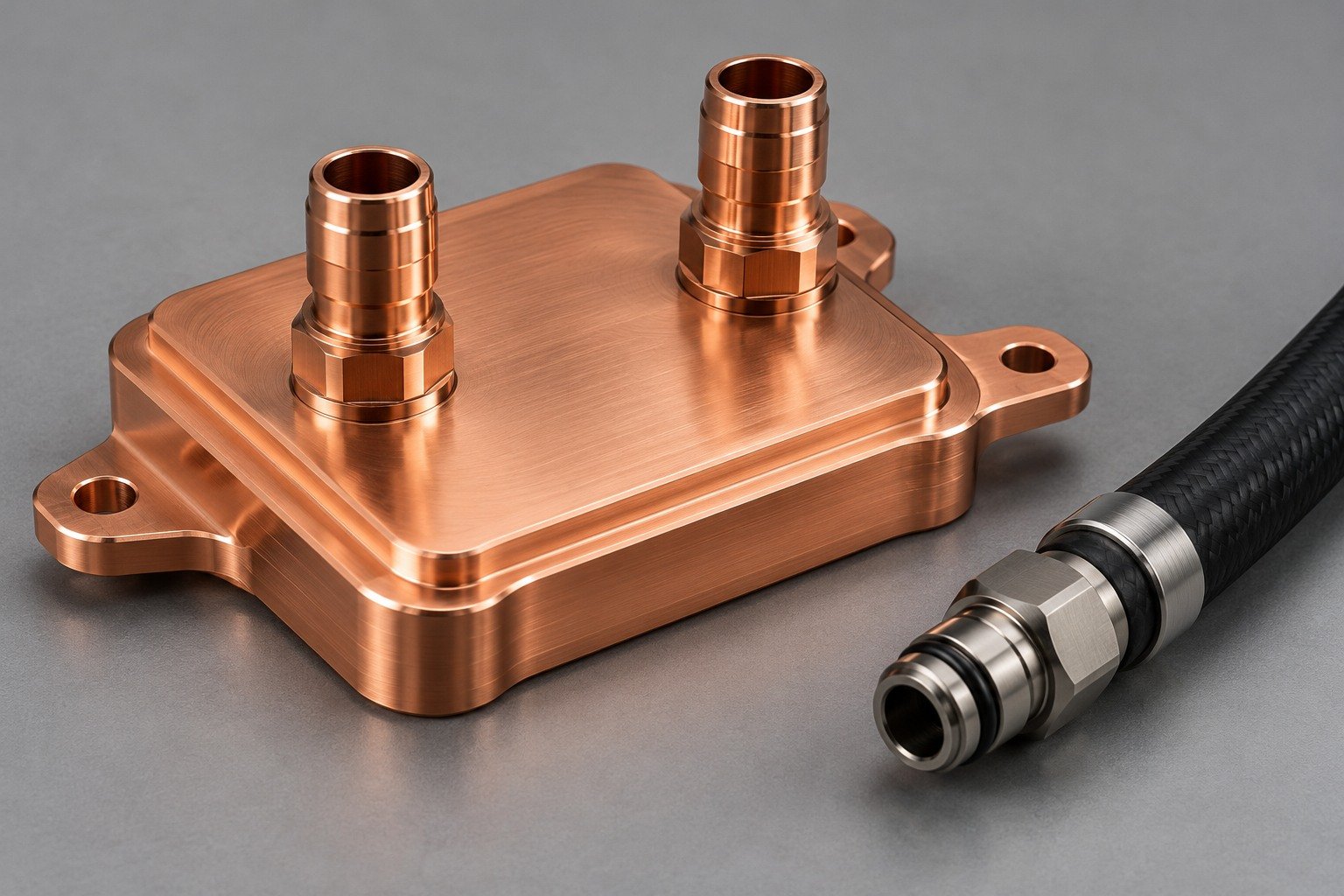 Illustrative copper compute cold plate and separate short coolant hose; page-specific component concept, not a customer part