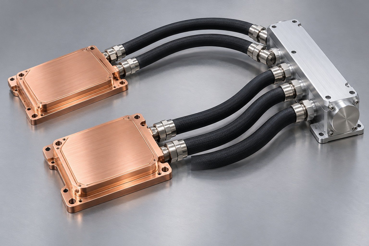 Illustrative ai & data center cooling closed cooling component group; component concept, not documentary company or customer photography