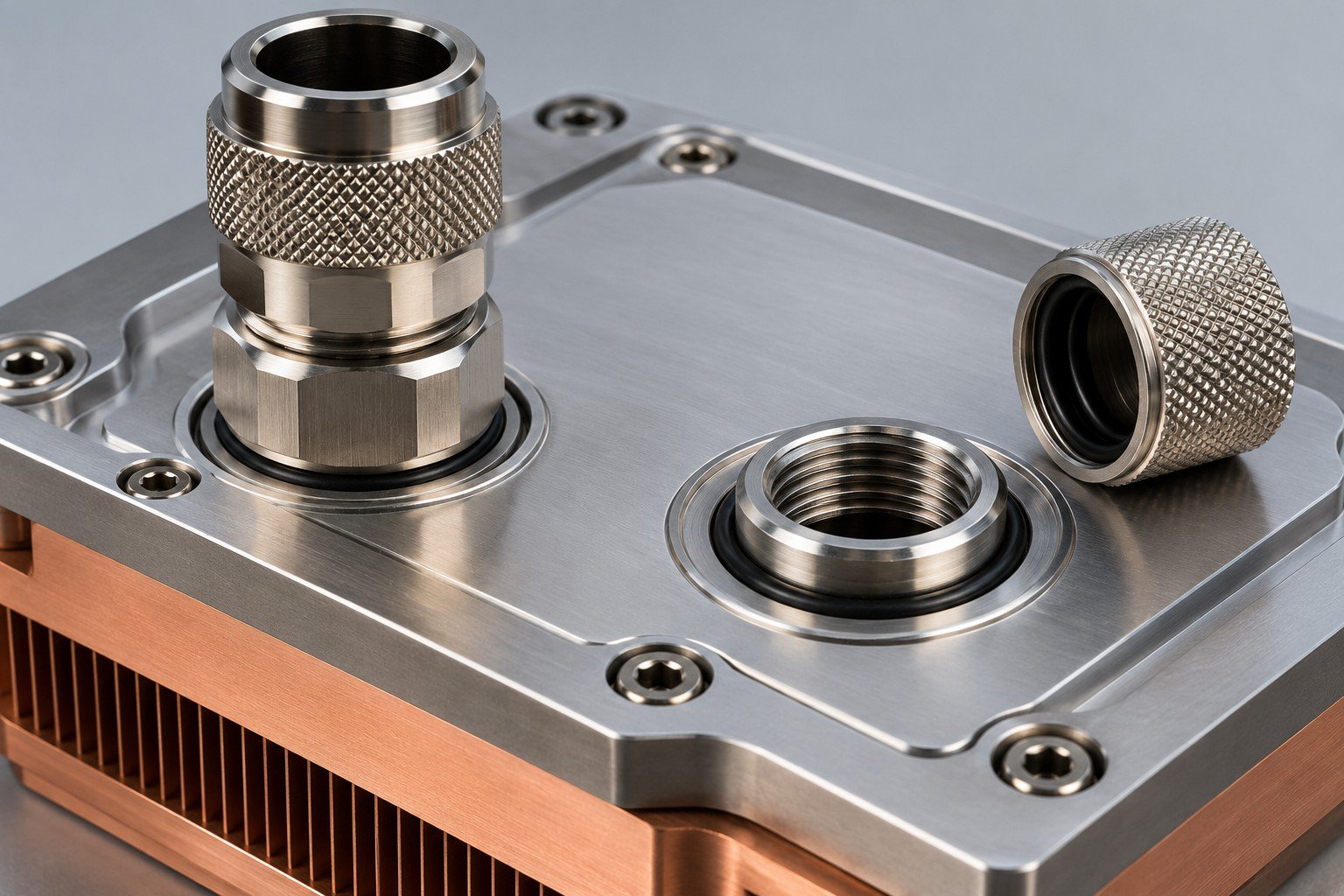 Illustrative ports and sealing faces on a server cooling component concept, not documentary company or customer photography