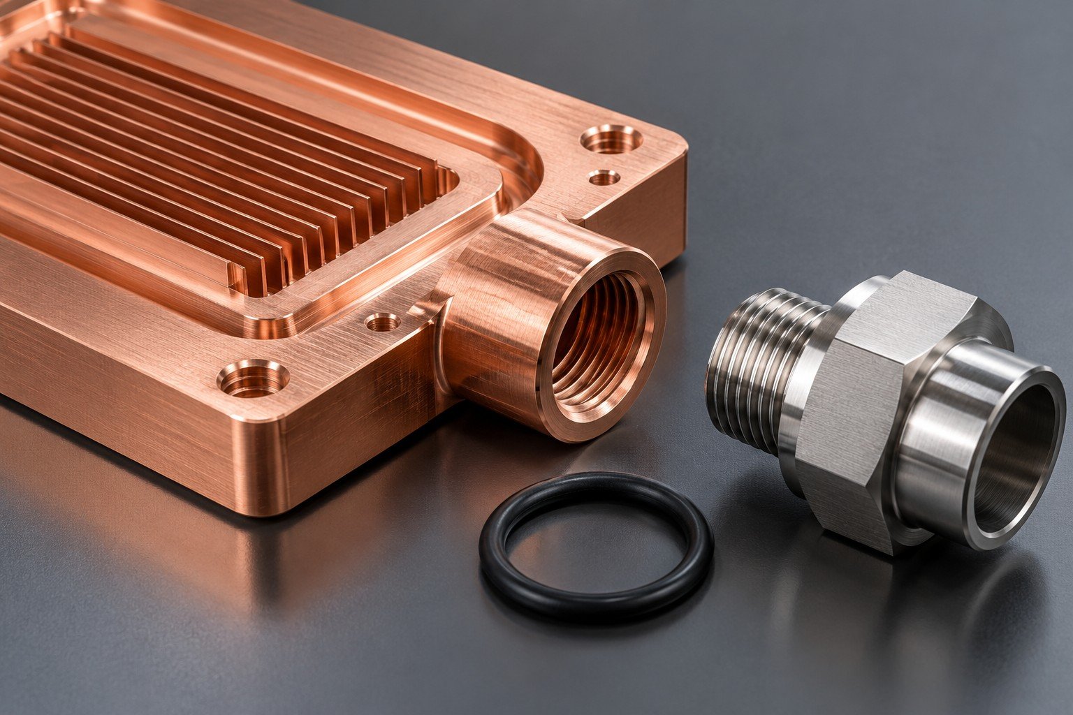 Illustrative wetted materials review for server cooling components concept, not documentary company or customer photography