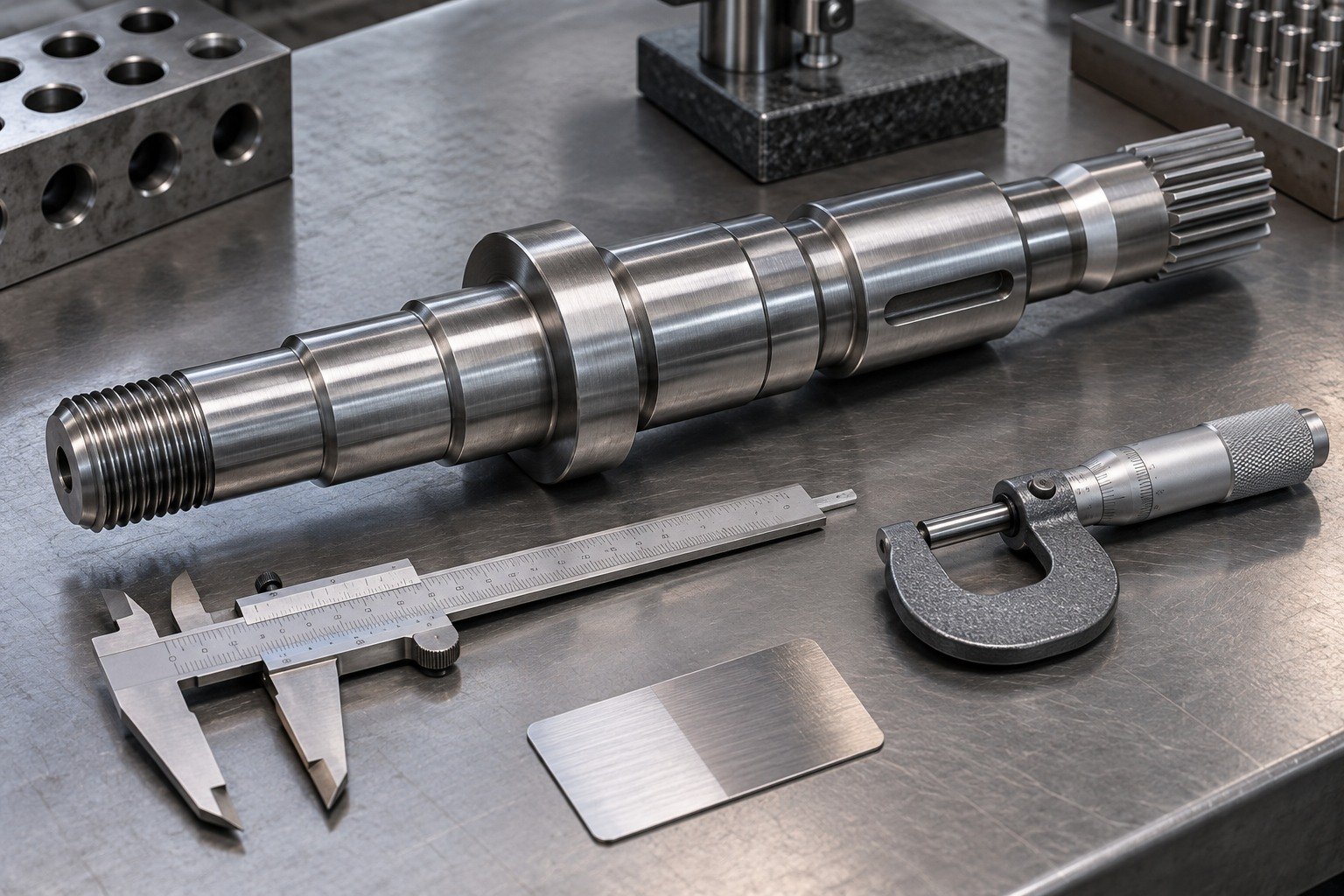 Machined steel shaft with dimensional inspection tools — illustrative component concept