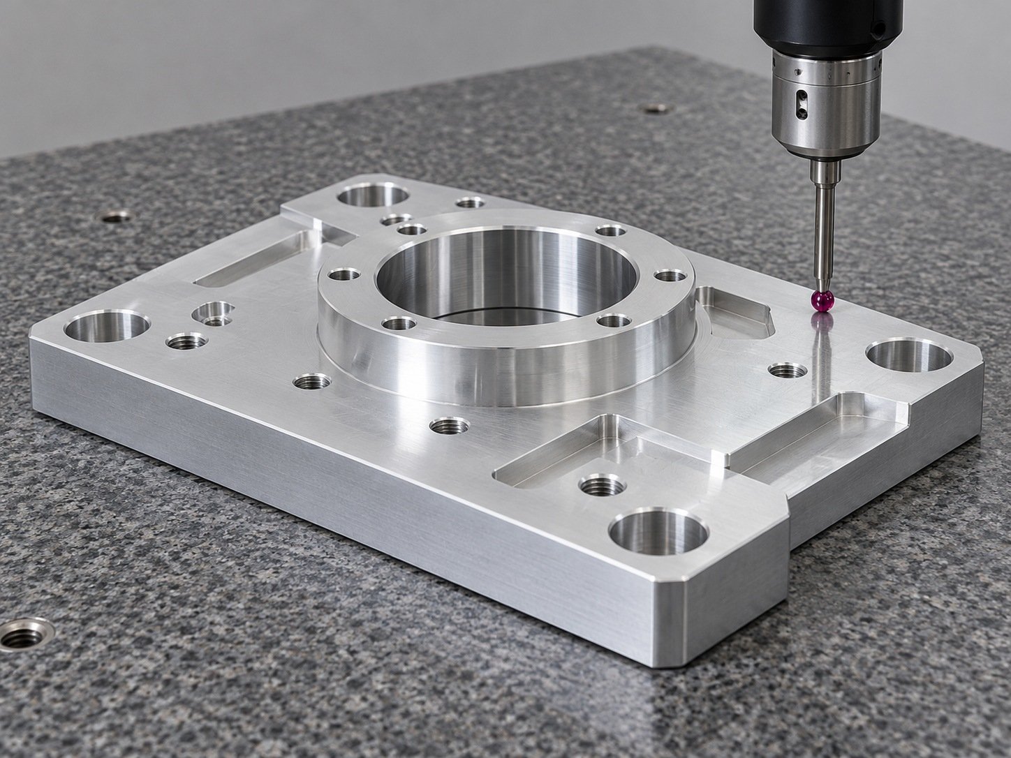 CMM inspecting an aluminum mounting plate datum — illustrative concept