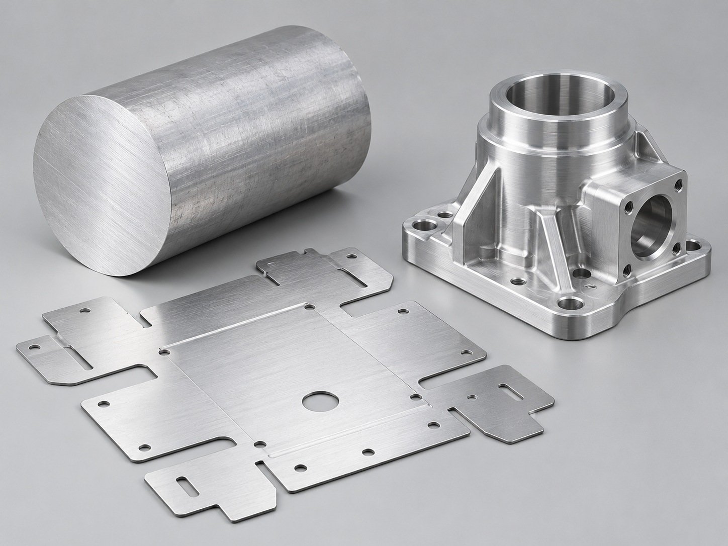 Billet, flat pattern and finished machined adapter — illustrative concept
