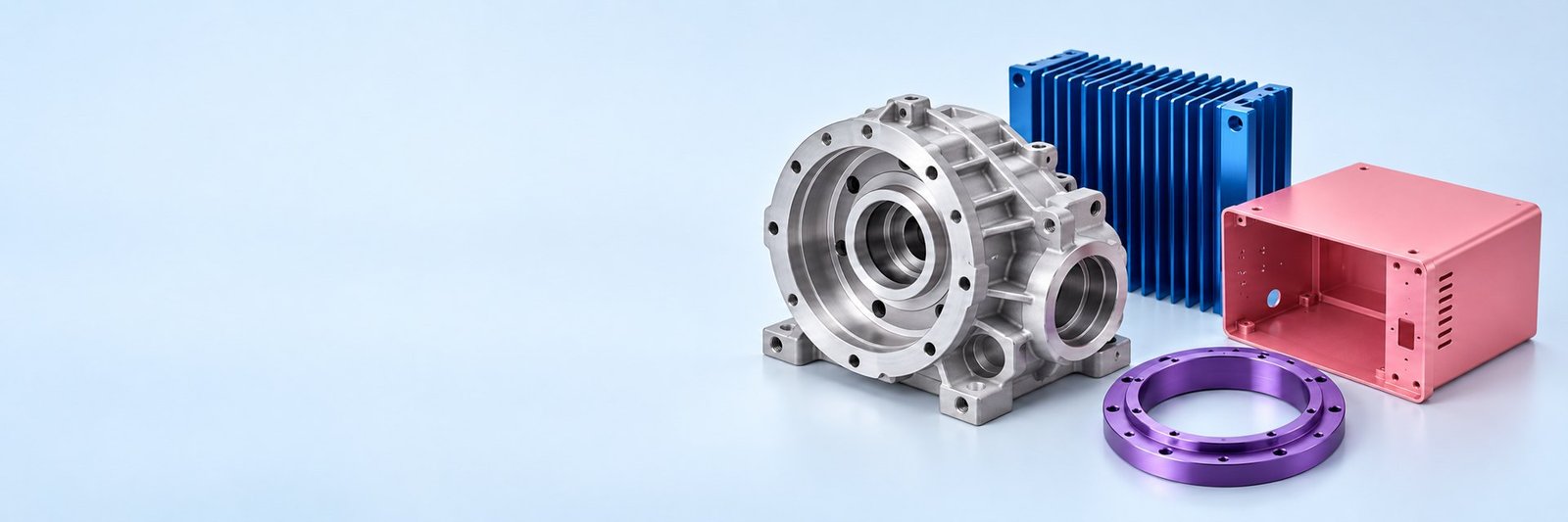 Aluminum alloy housing, blue heat sink, pink enclosure and purple ring — illustrative aluminum component concept