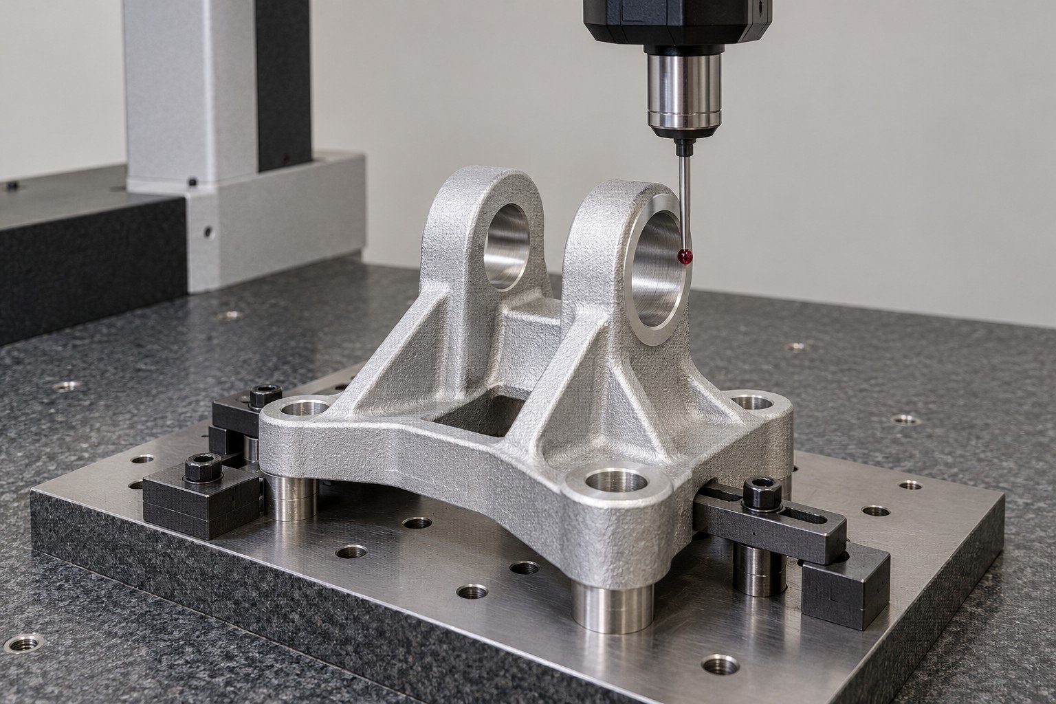 CMM probe inspecting a cast forked bracket bore — illustrative other aluminum casting alloys component concept