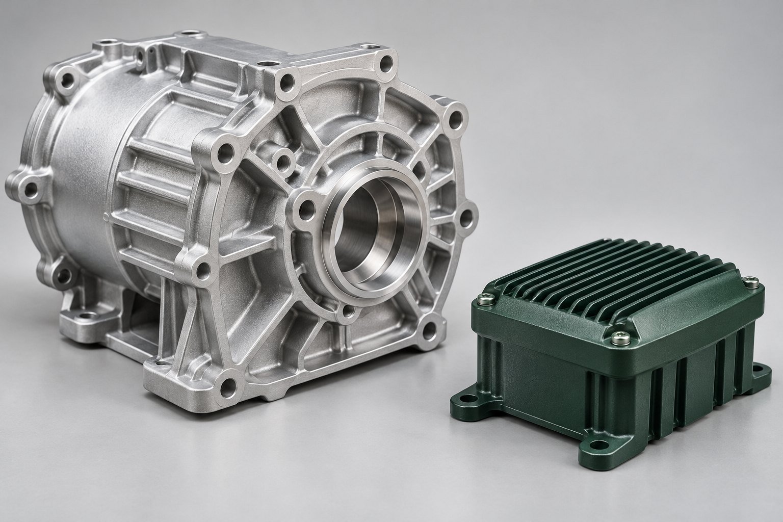 High-pressure die-cast aluminum gearbox and finished housing — illustrative aluminum component concept