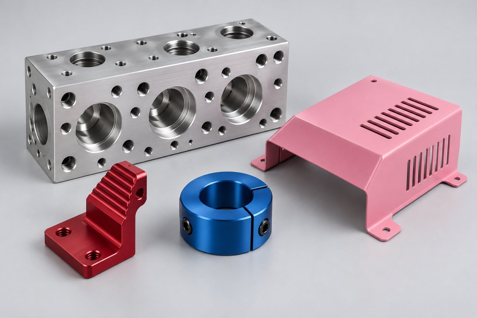 Aluminum manifold, colored bracket, collar and sheet cover — illustrative aluminum component concept