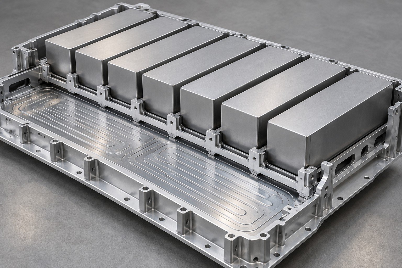 Illustrative unpowered battery module tray mechanical dummy blocks and thin cooling panel concept; not documentary customer photography