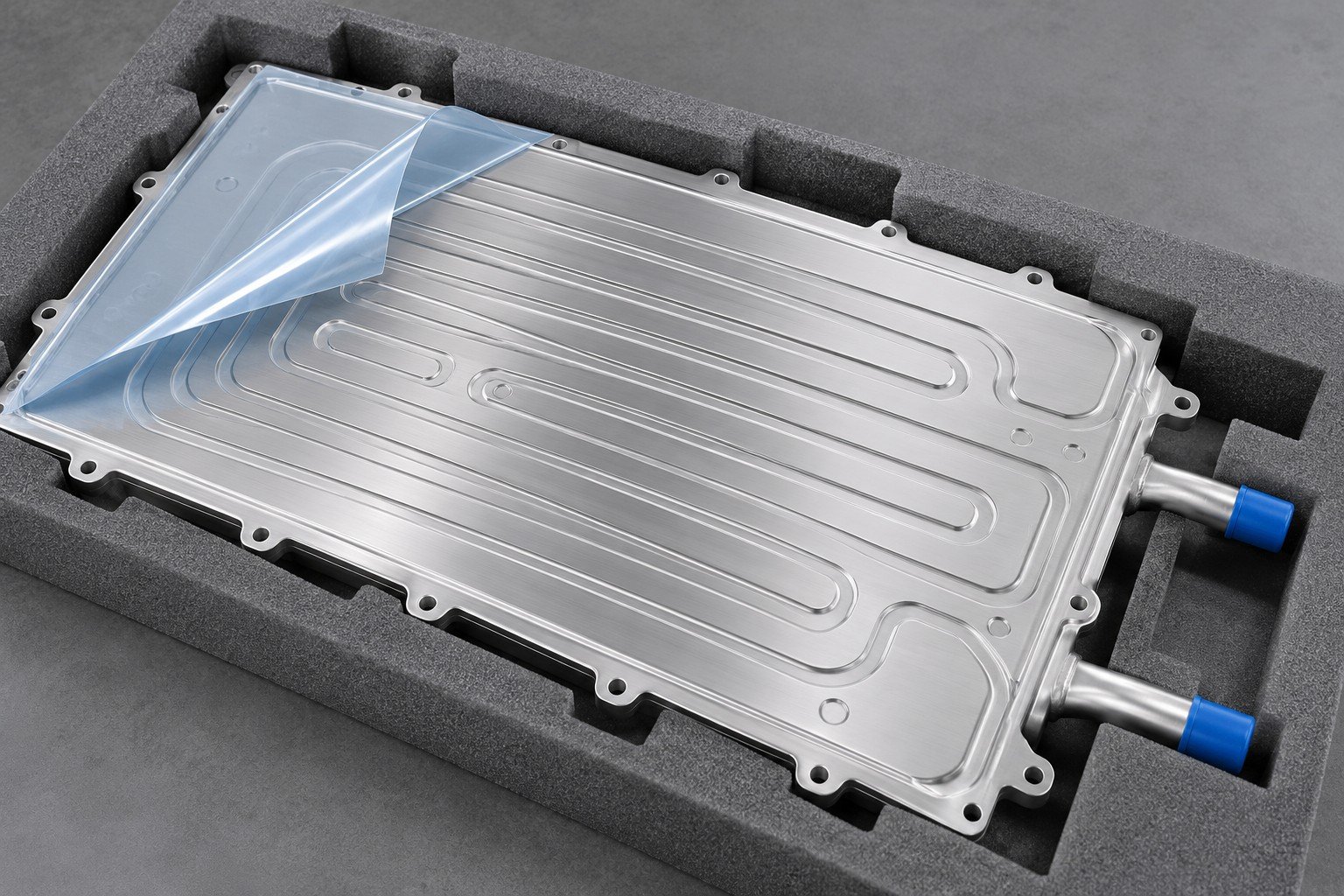 Illustrative protection and handling on a battery cooling plate component concept, not documentary company or customer photography