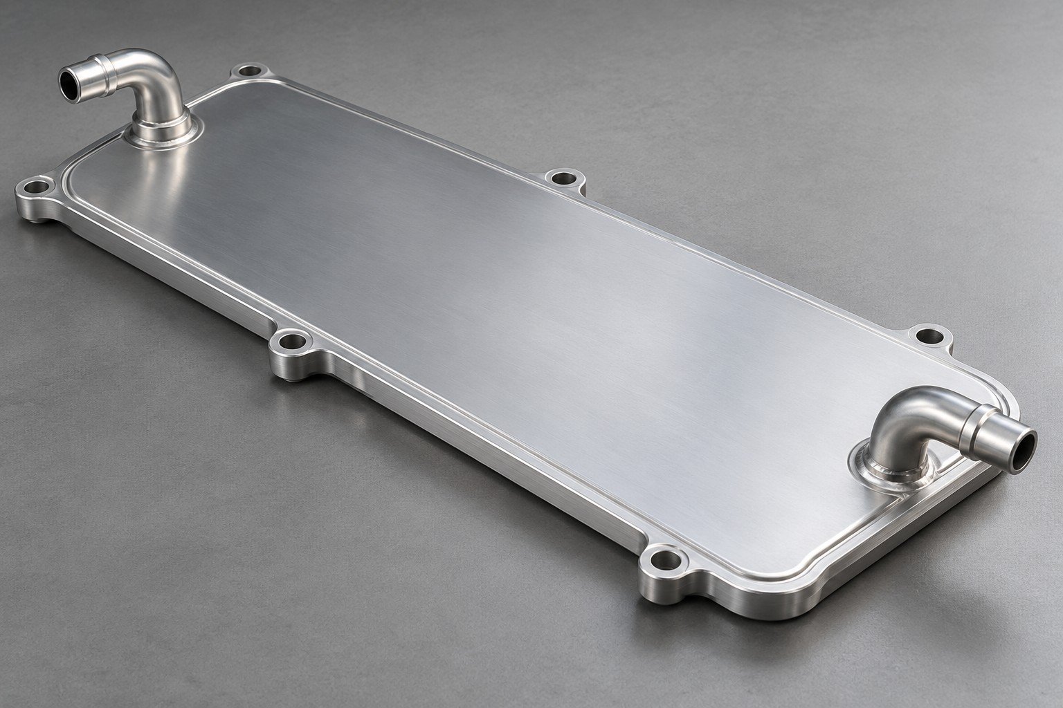 Illustrative page-specific thin aluminum battery cooling plate with broad contact skin and edge coolant tubes; not a documentary customer part or pack qualification