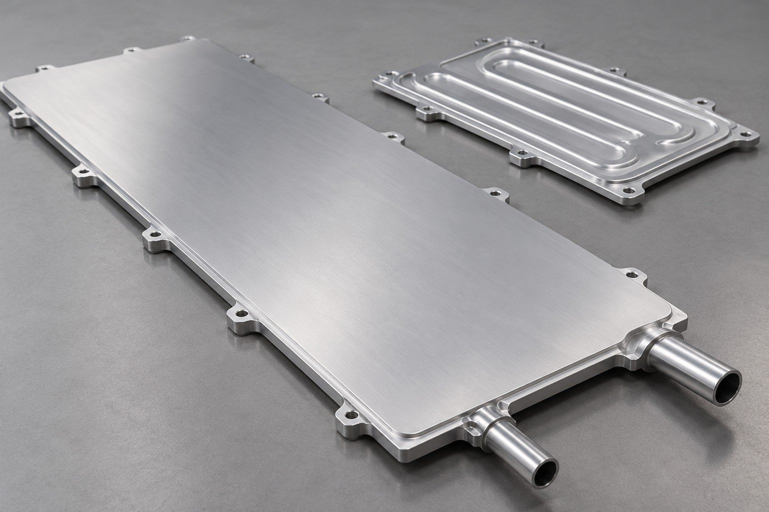 Illustrative thin aluminum battery cold plates with distinct closed contact skins and edge coolant tubes concept; not documentary customer photography