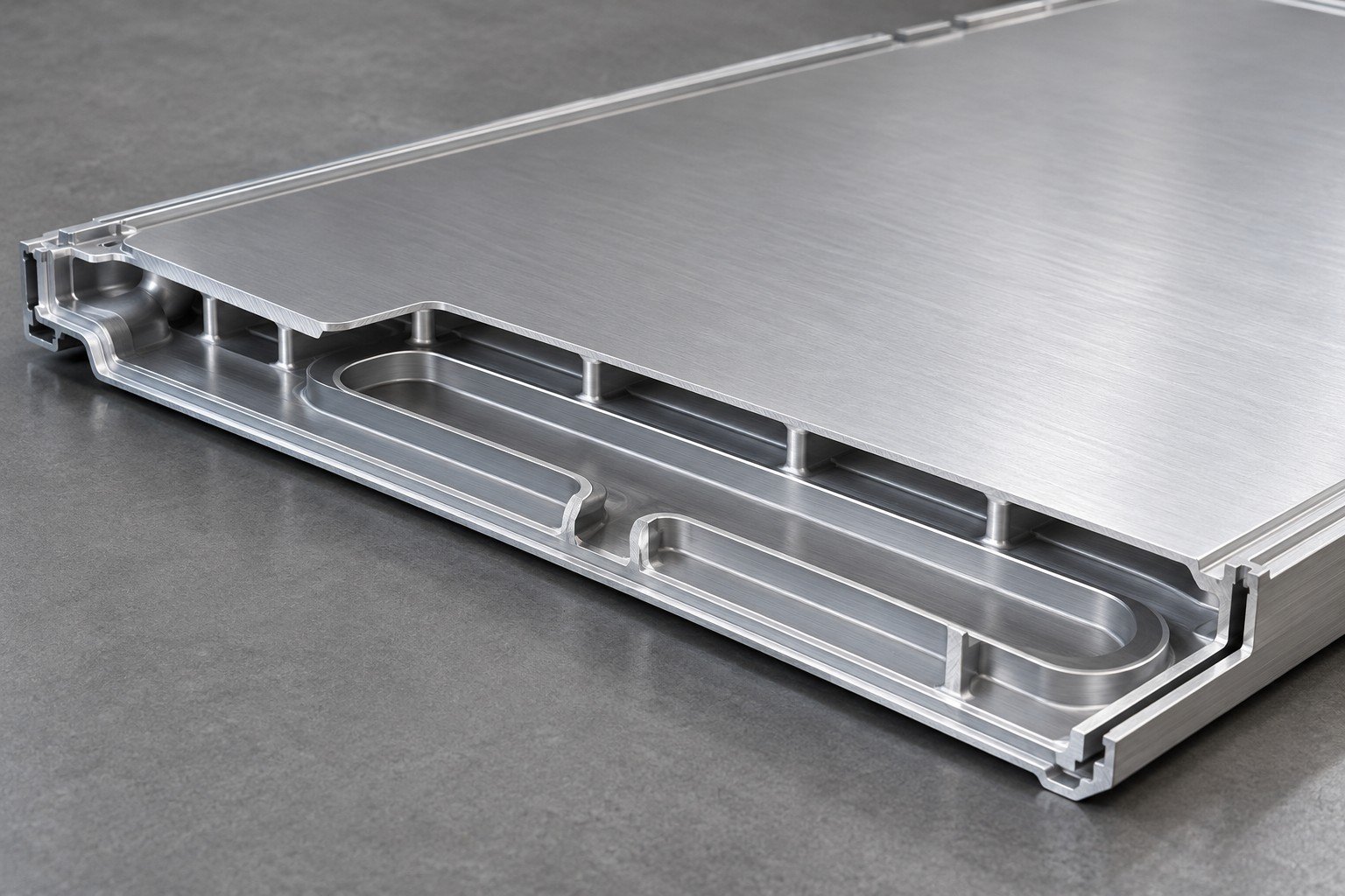 Illustrative sectioned battery cold plate passage and solid contact skin concept, not documentary company or customer photography