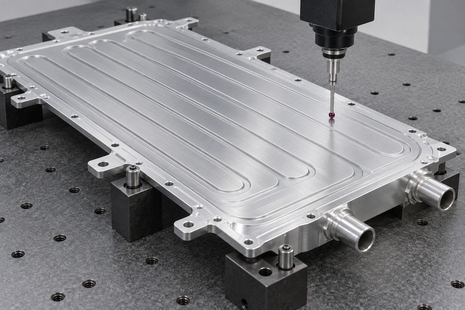 Illustrative dimensional inspection of battery plate contact skin and mounting tab concept; not documentary customer photography