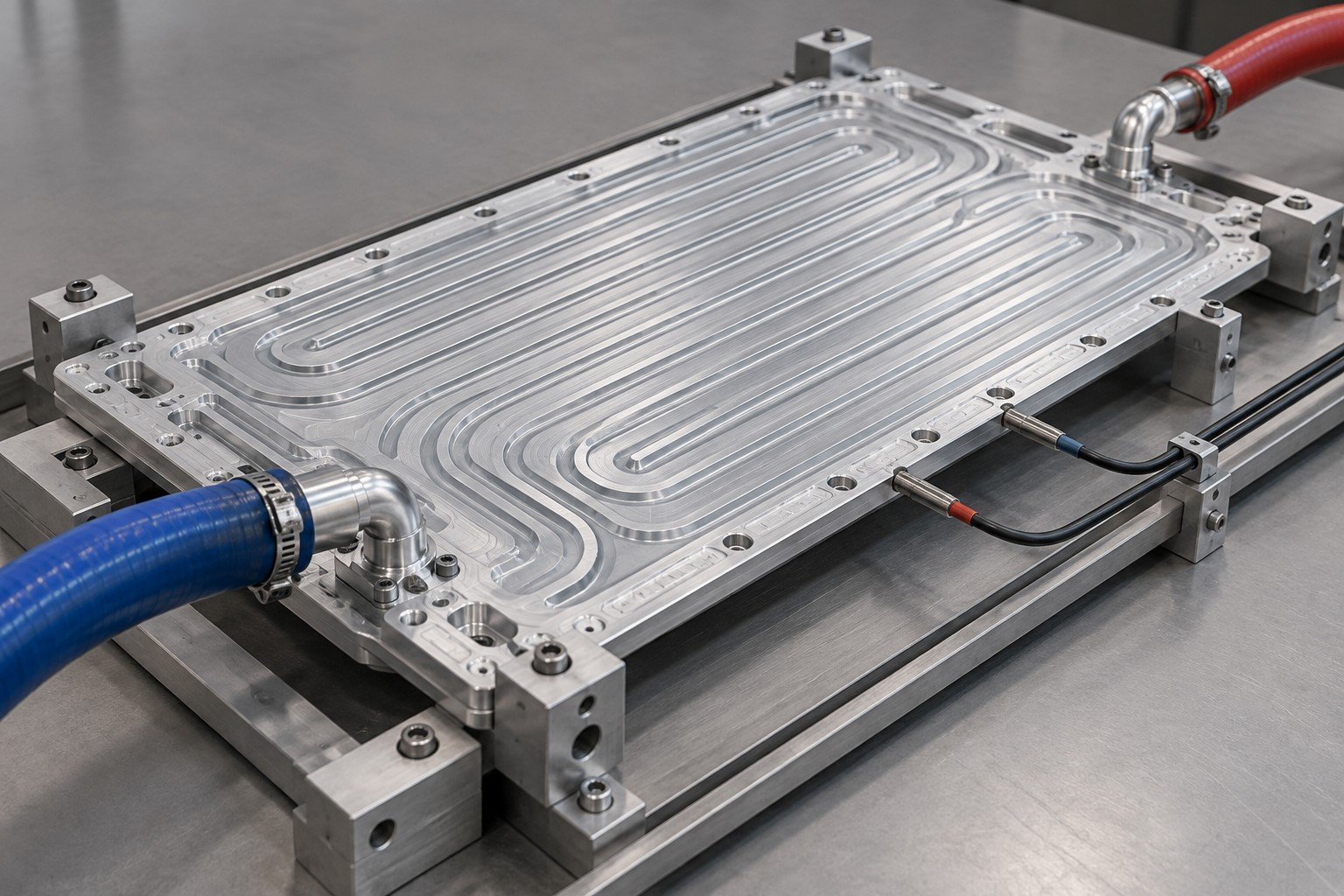 Illustrative flow and temperature review for battery cooling plate concept; not documentary customer photography