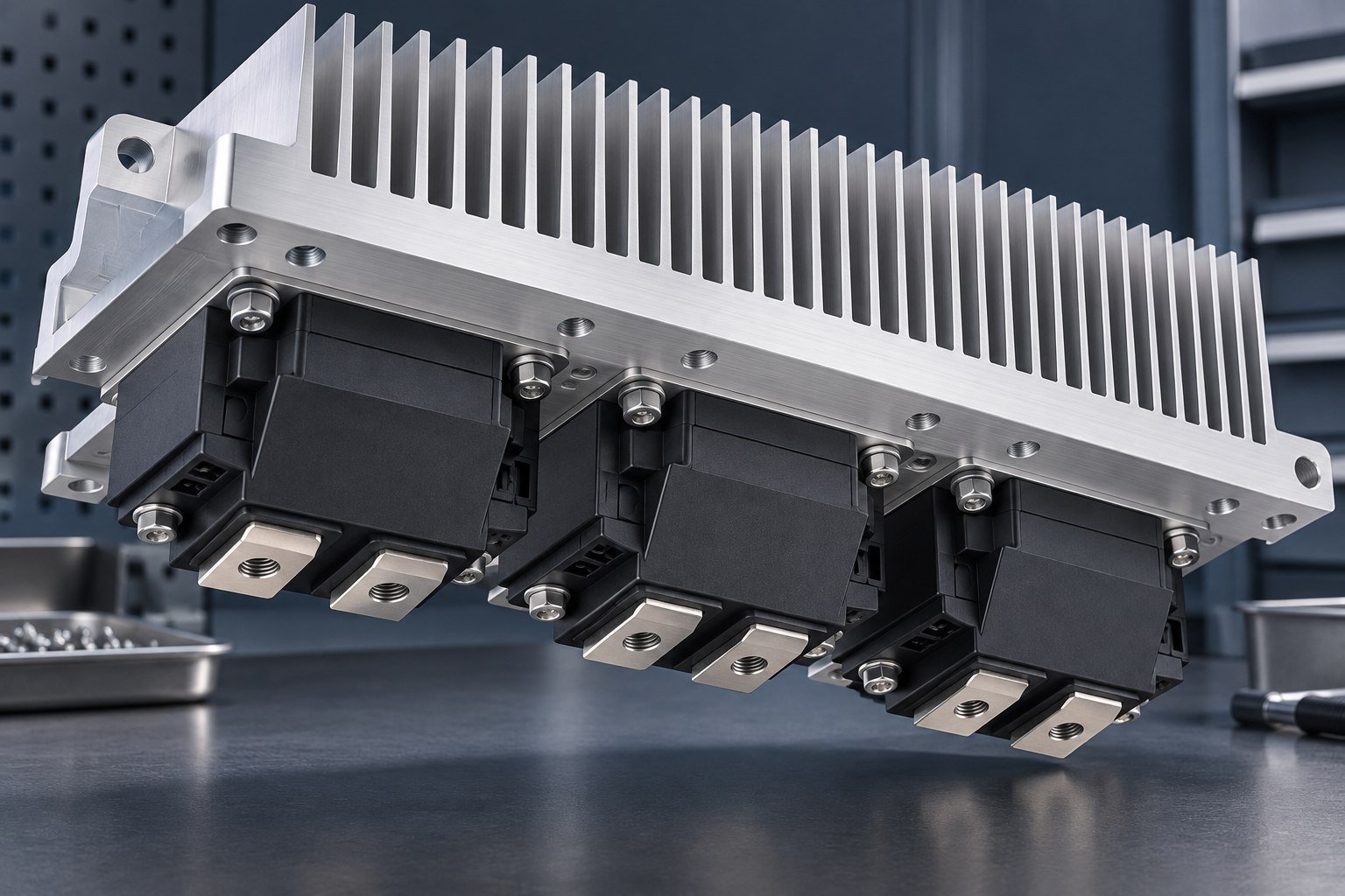 Illustrative bonded fin heat sink in a power electronics assembly concept, not documentary company or customer photography