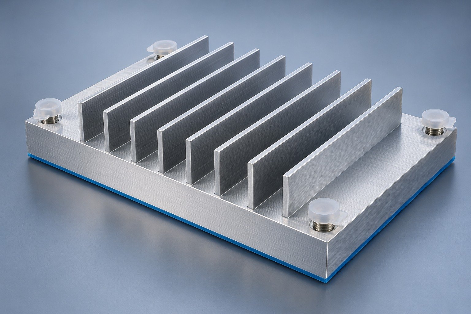 Illustrative mounting and masking on a bonded fin heat sink concept, not documentary company or customer photography