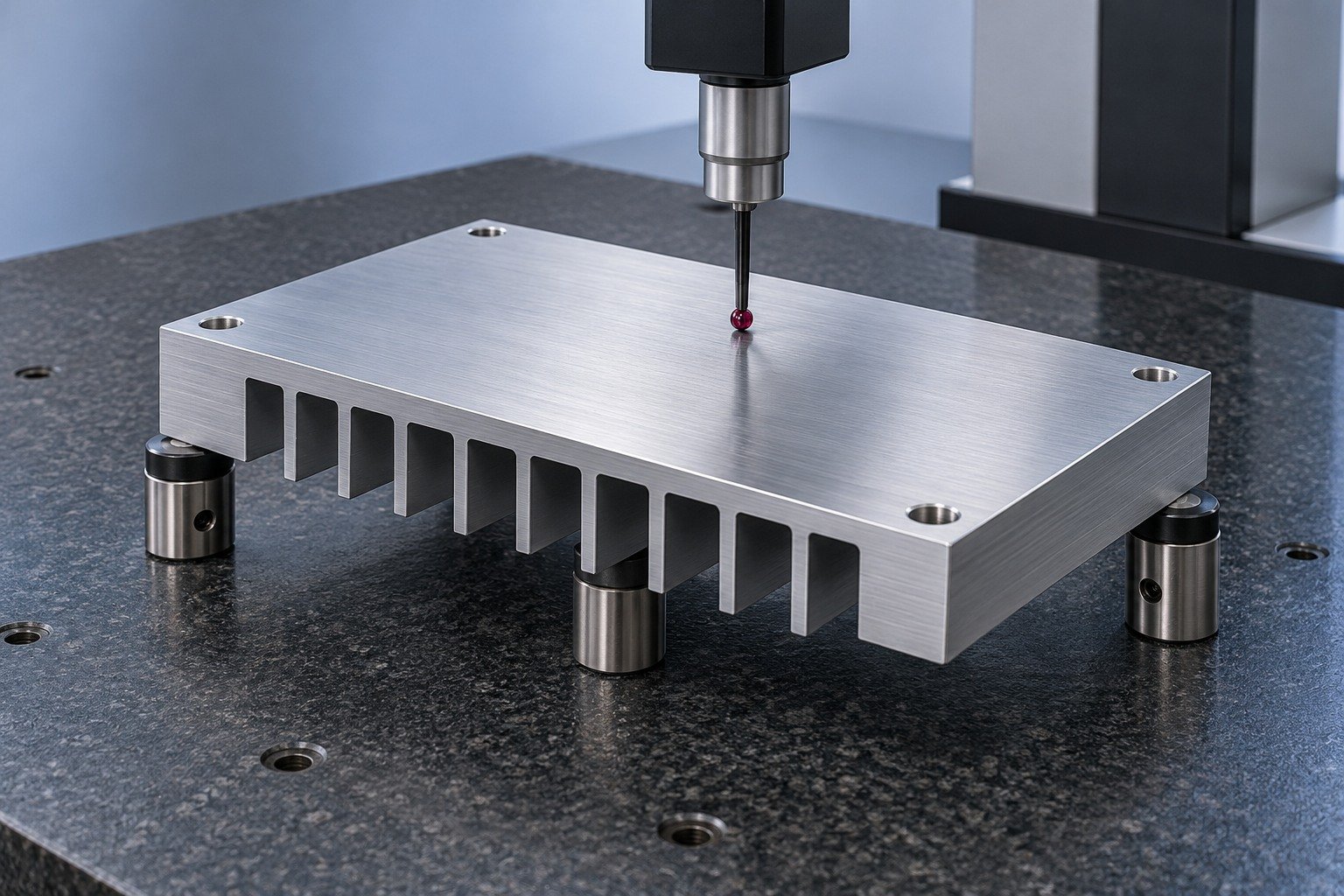 Illustrative base flatness review for a bonded fin heat sink concept, not documentary company or customer photography