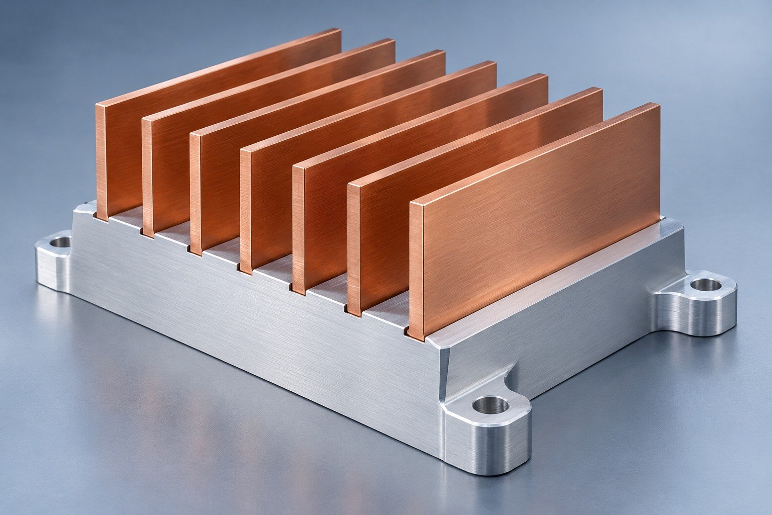 Illustrative mixed metals review for a bonded fin heat sink concept, not documentary company or customer photography