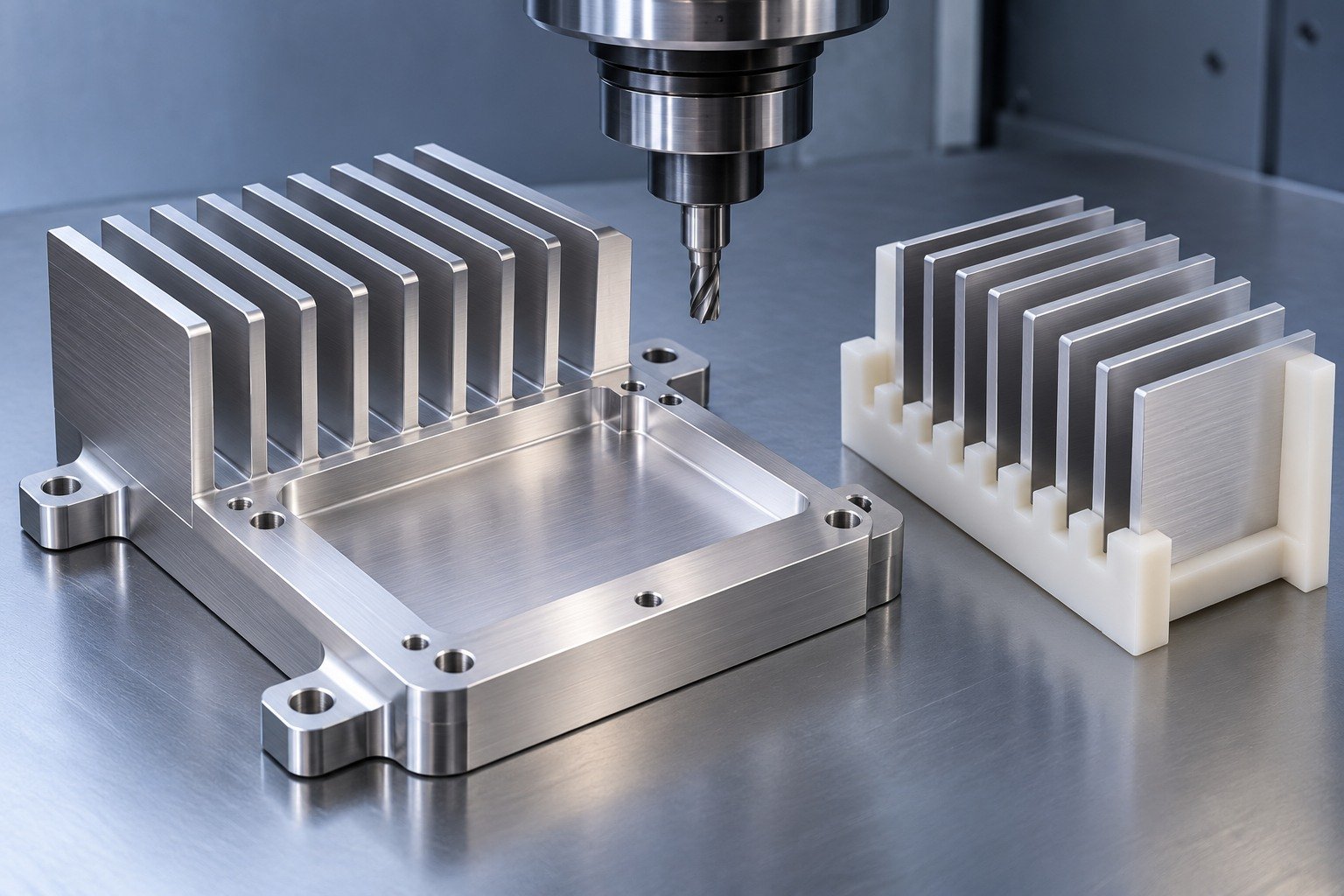 Illustrative machining sequence review for a bonded fin heat sink concept, not documentary company or customer photography