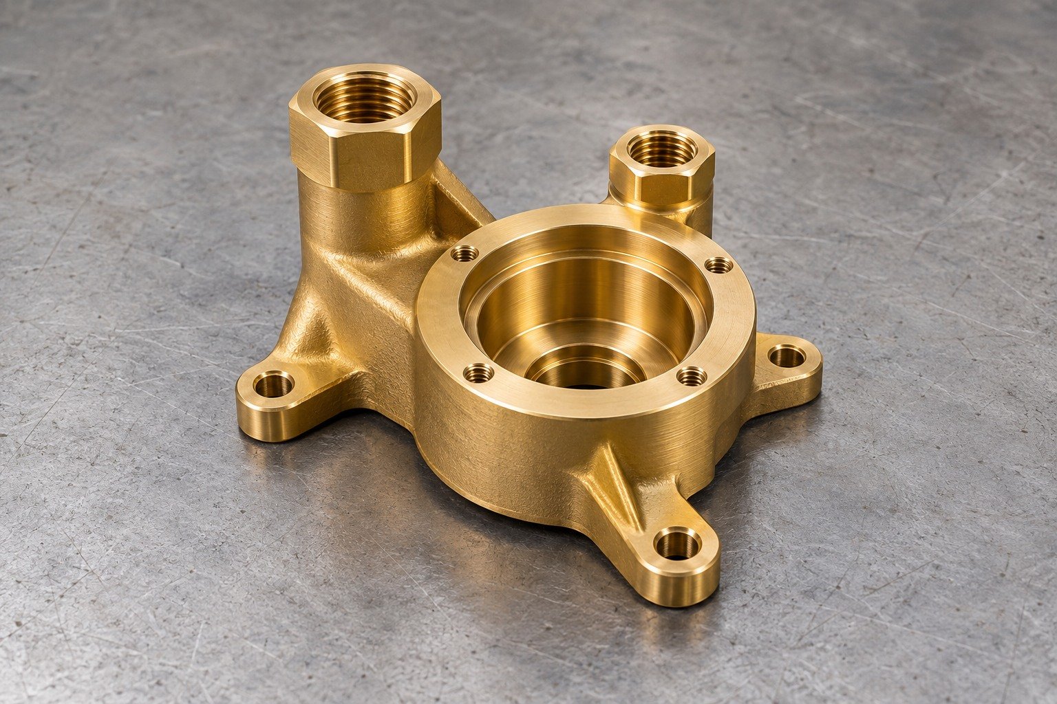 Illustrative brass port carrier with recessed mounting seat and offset feet